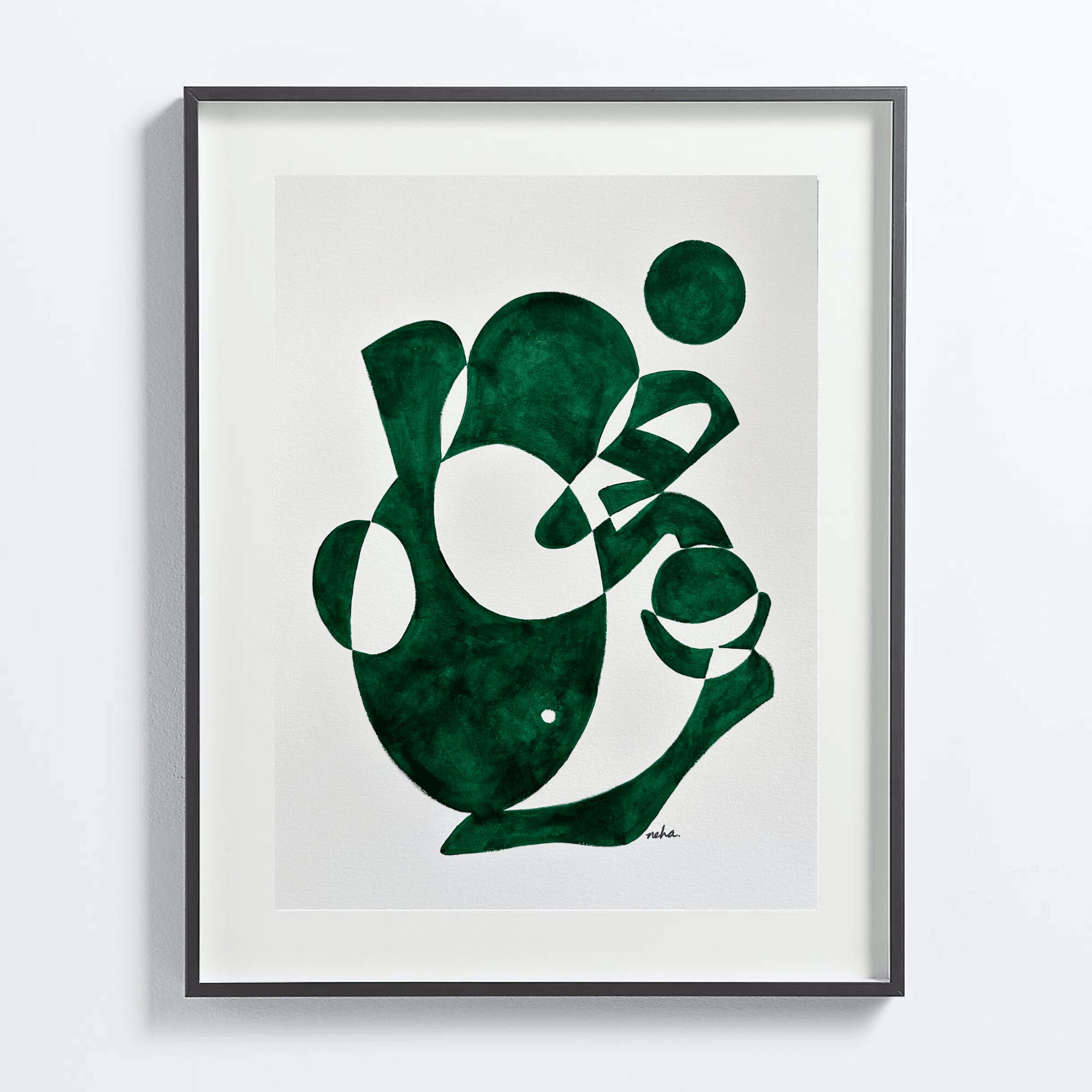 Abstract green shapes on white background in a black frame, resembling a stylized face or figure.