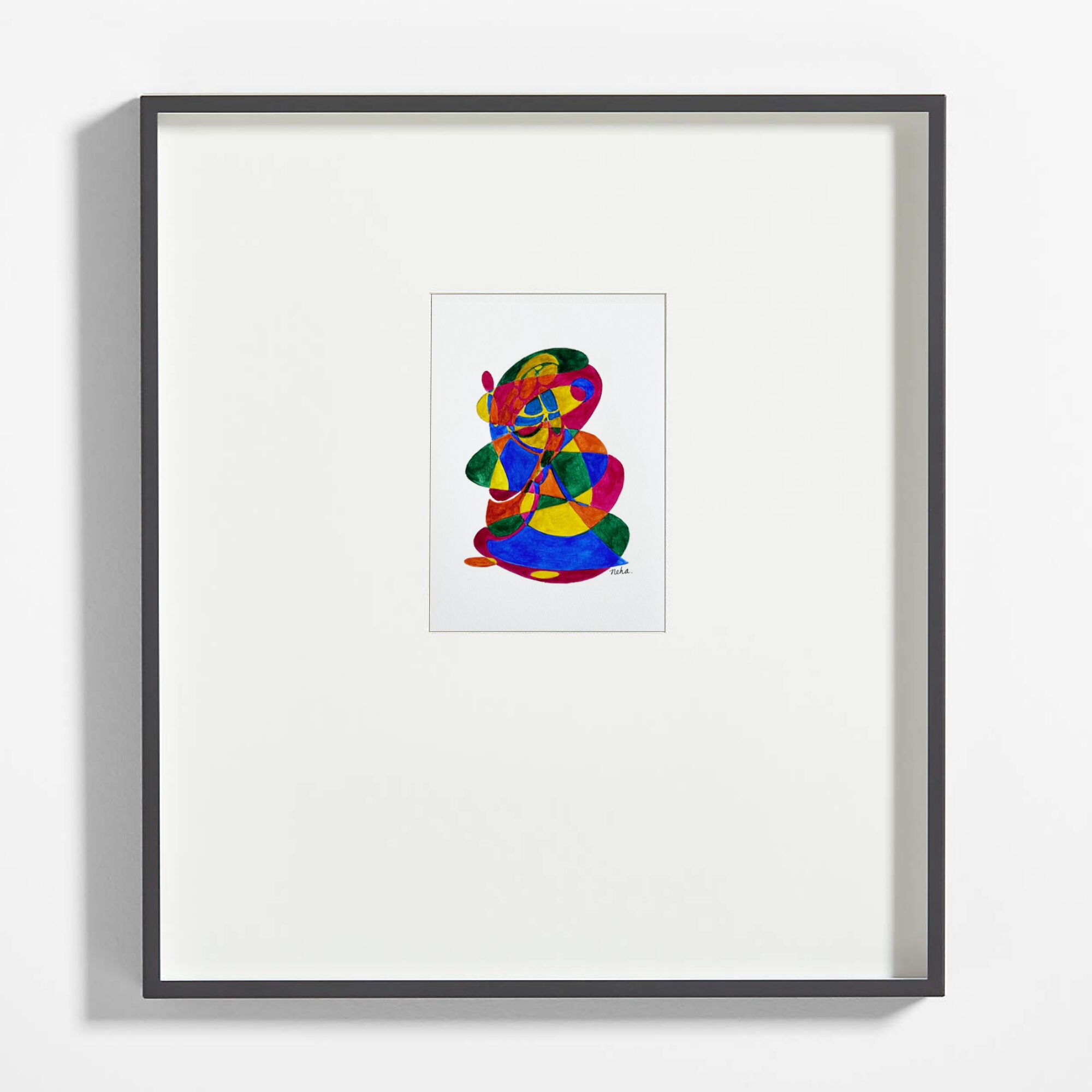 Colorful abstract artwork with overlapping shapes and vibrant colors, framed and displayed on a white wall.