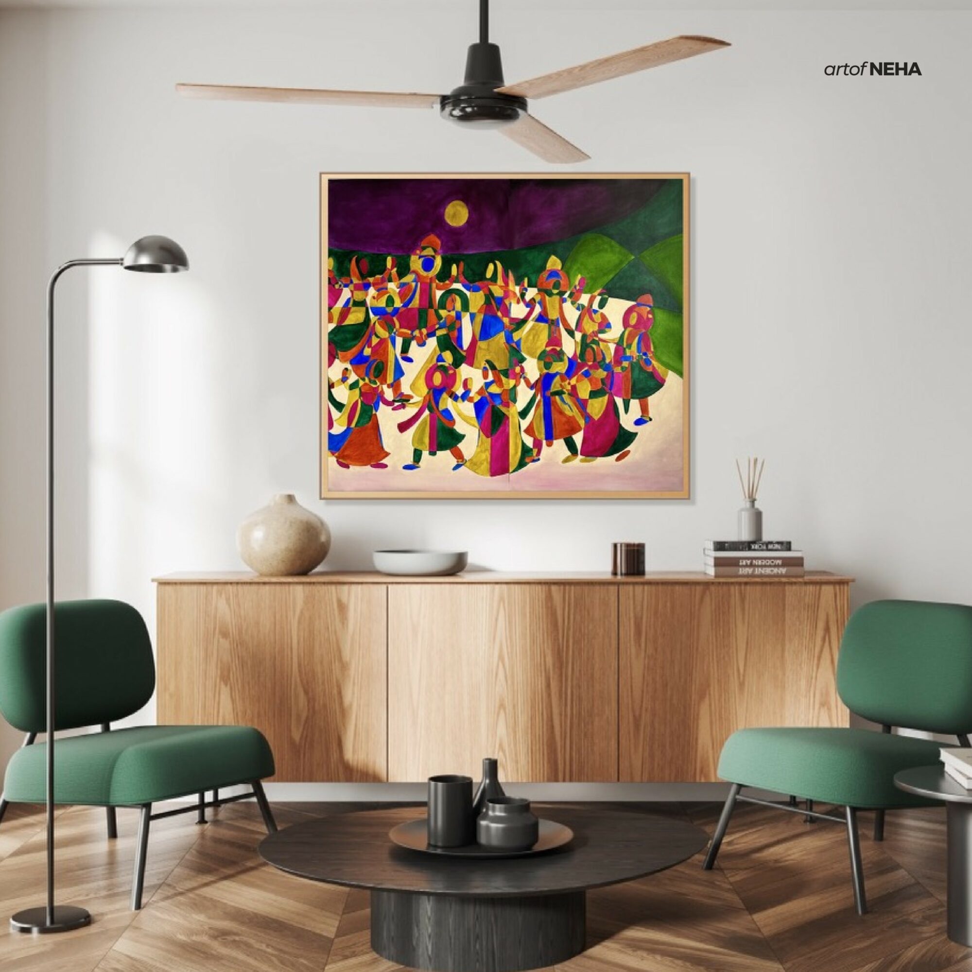 Living room with a colorful painting on the wall, wooden sideboard, two green chairs, a black coffee table, and a ceiling fan.