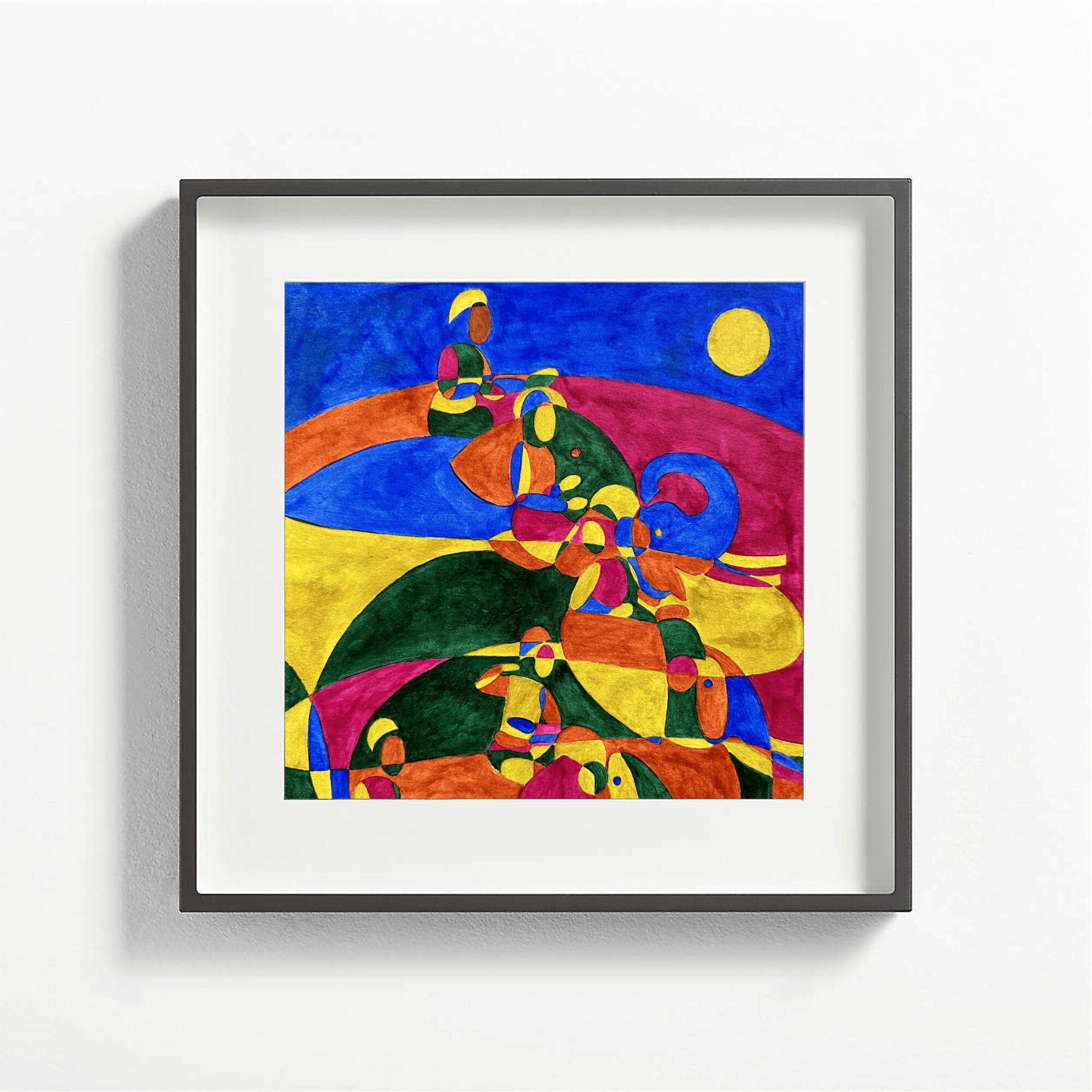 Colorful abstract painting with geometric shapes and a yellow circle on a blue background.