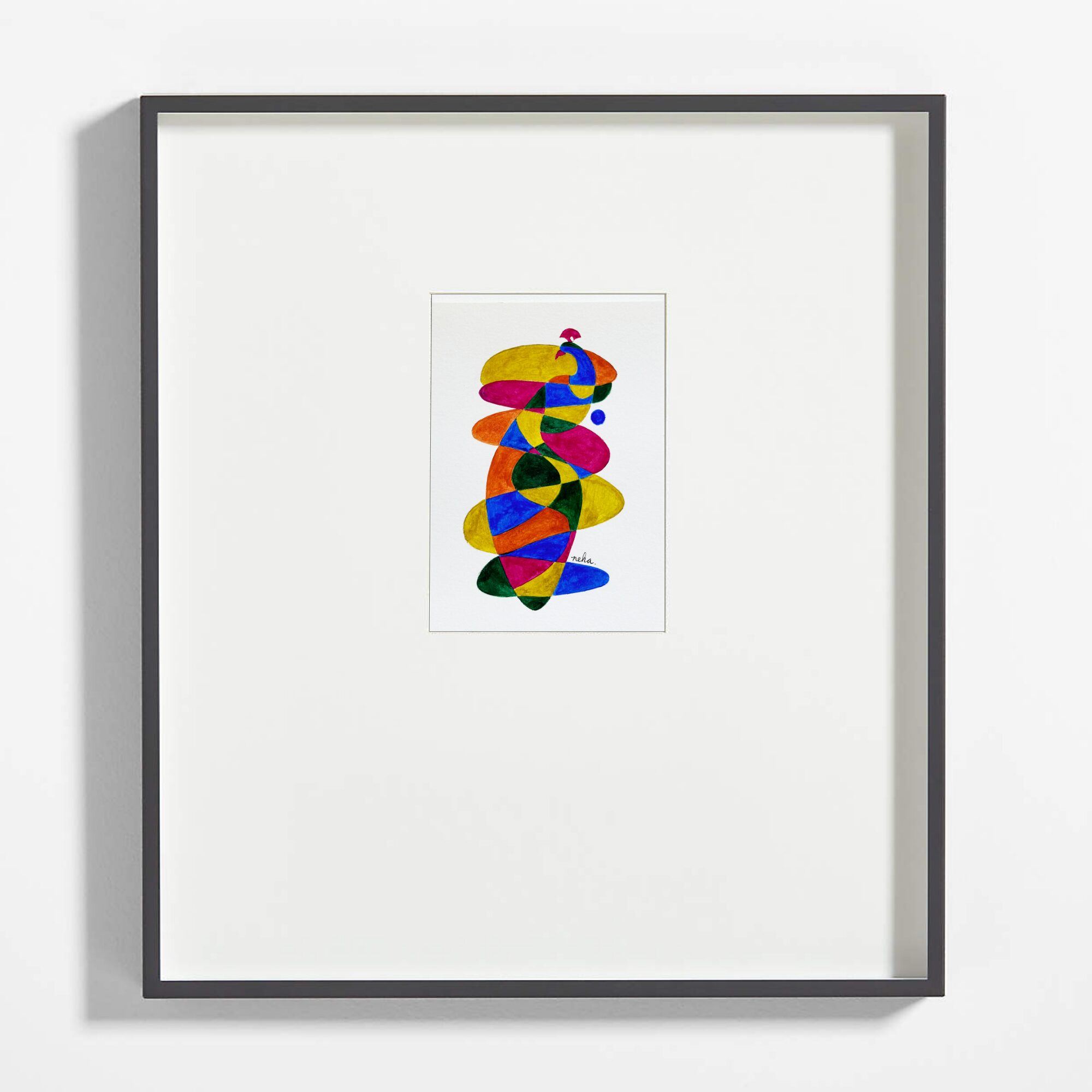 Colorful abstract sculpture with intertwined shapes and vibrant colors, framed and displayed on a white wall.