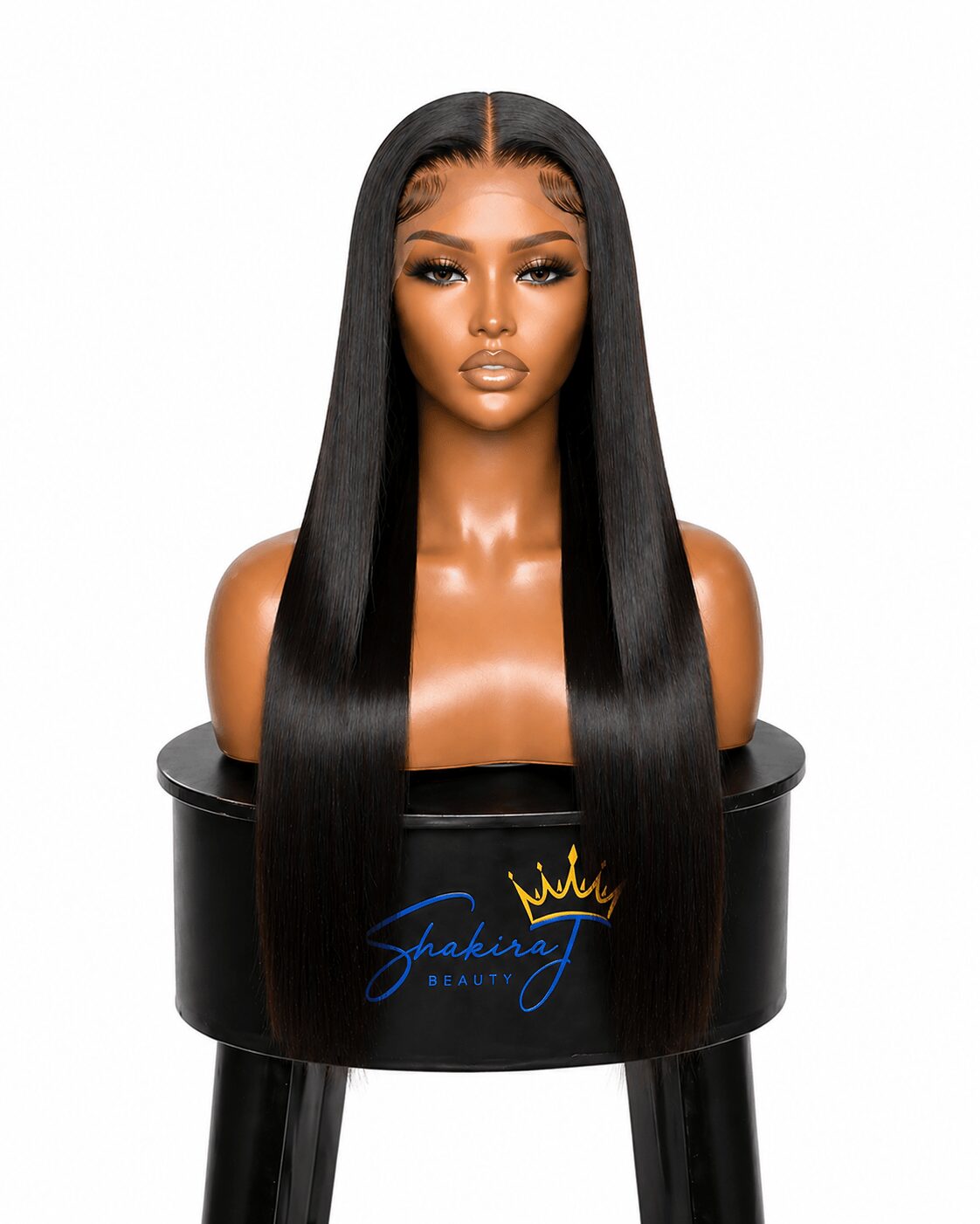 Bust of a woman with long, straight black hair, wearing makeup, on a black stand with a logo, against a white background.
