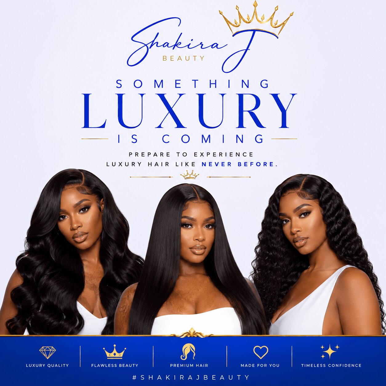 Three women with long, styled hair pose against a white background with promotional text about luxury hair products.
