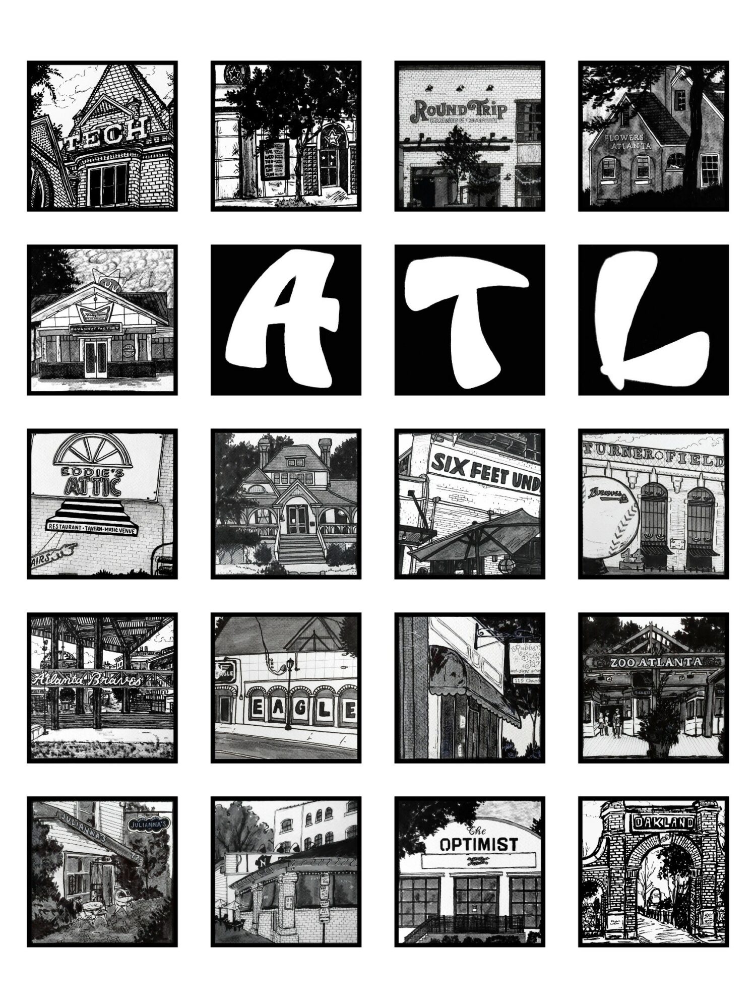Collage of black and white images of buildings, signs, and streets with large letters A, T, L in the center.