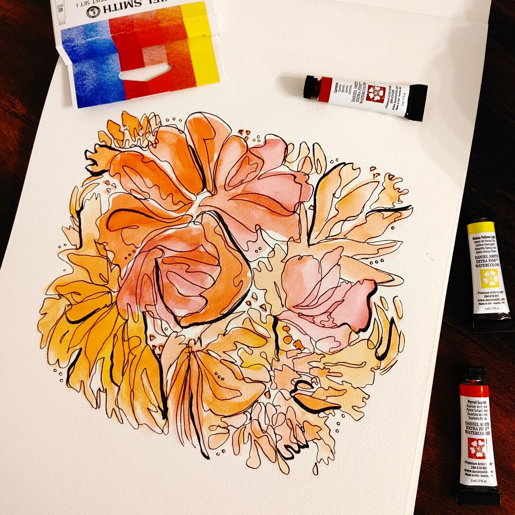 Colorful floral illustration with orange, pink, and yellow flowers on white background, surrounded by art supplies.