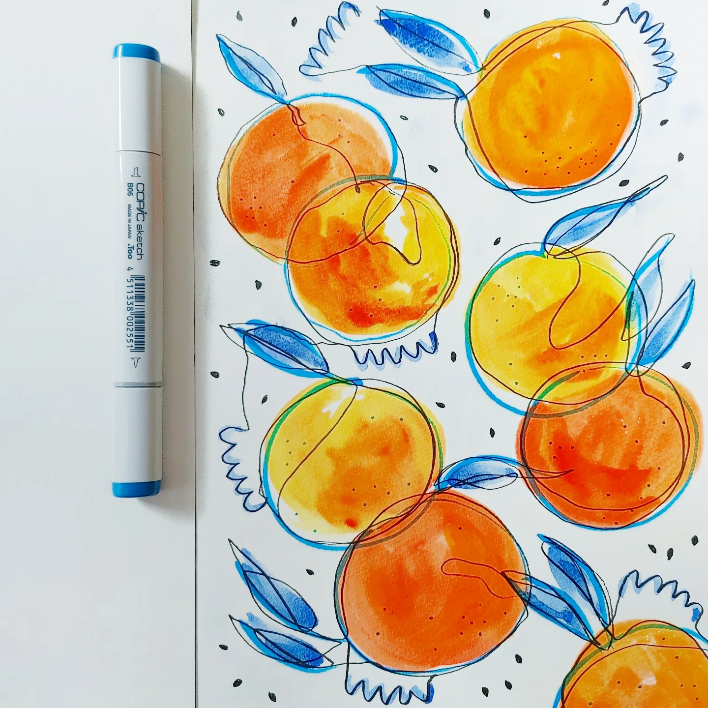 Watercolor illustration of seven oranges with blue leaves on white background, with a blue marker on the left side.