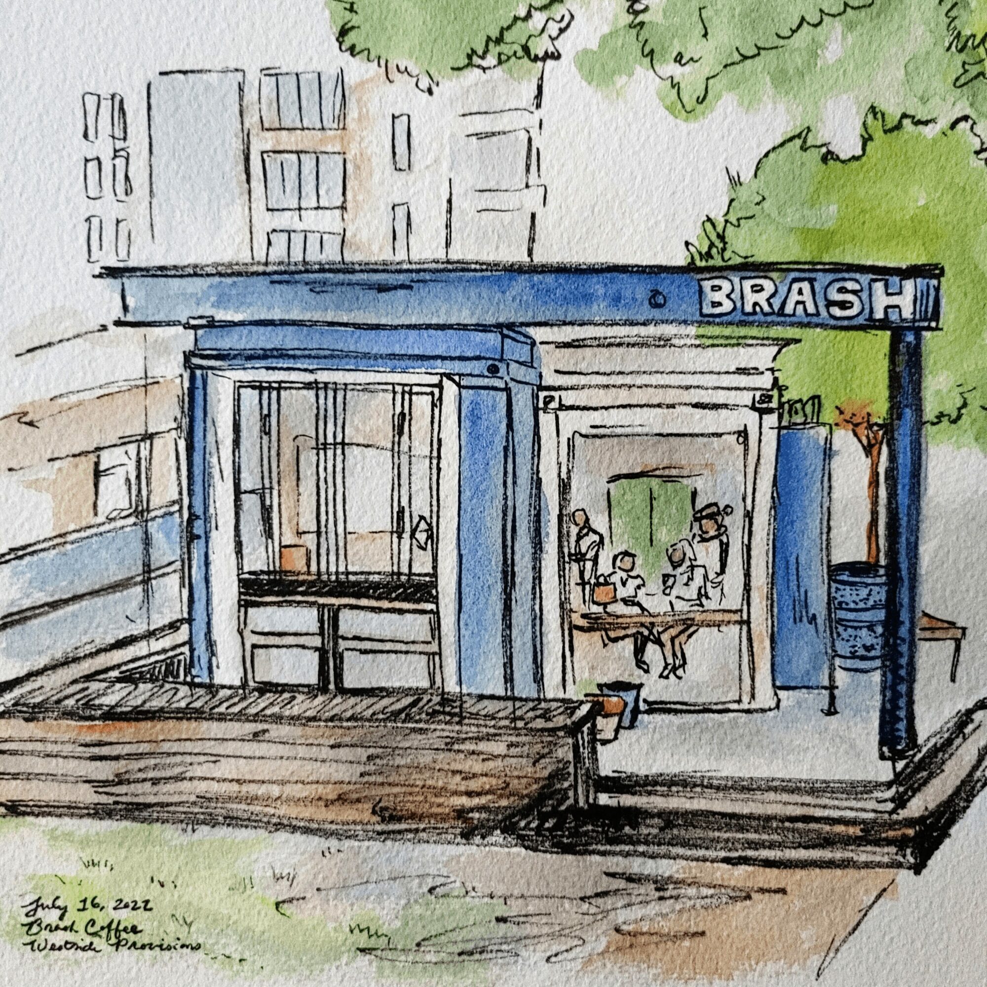 Small building with a blue sign reading 'BRASH', outdoor seating, and trees in the background.