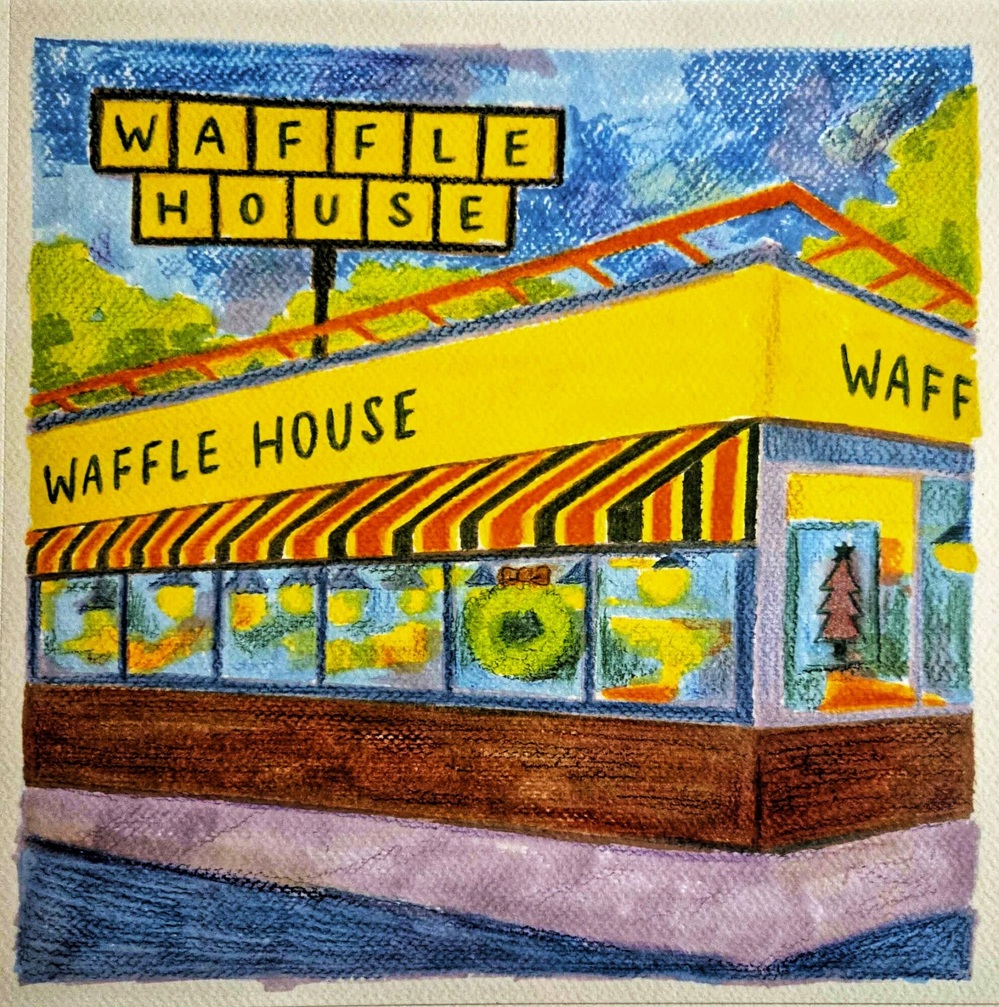 Waffle House building with yellow exterior, striped awning, and large windows, under a blue sky with green trees.