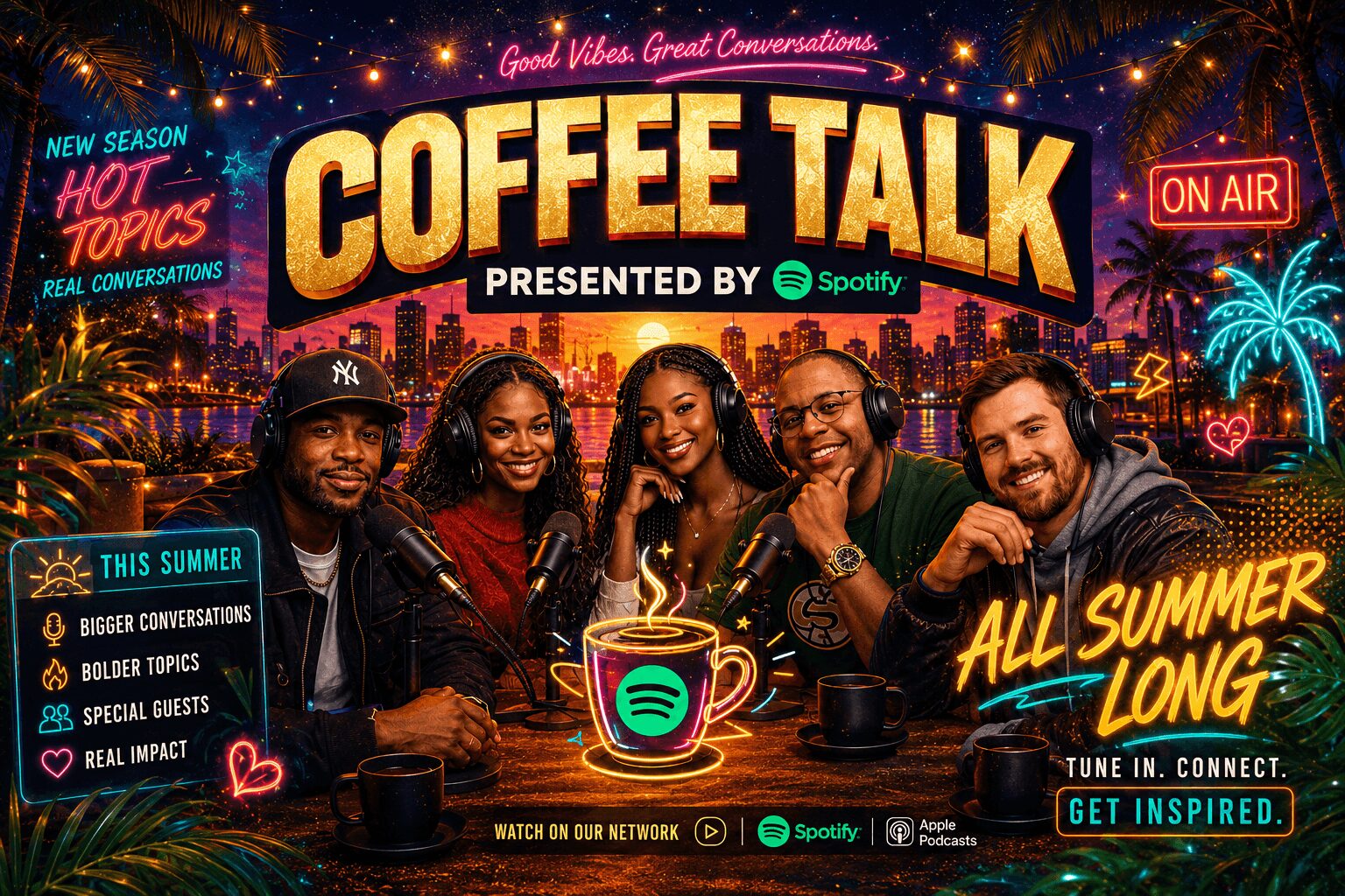 Group of five people smiling and holding coffee cups at night with neon signs and cityscape background.