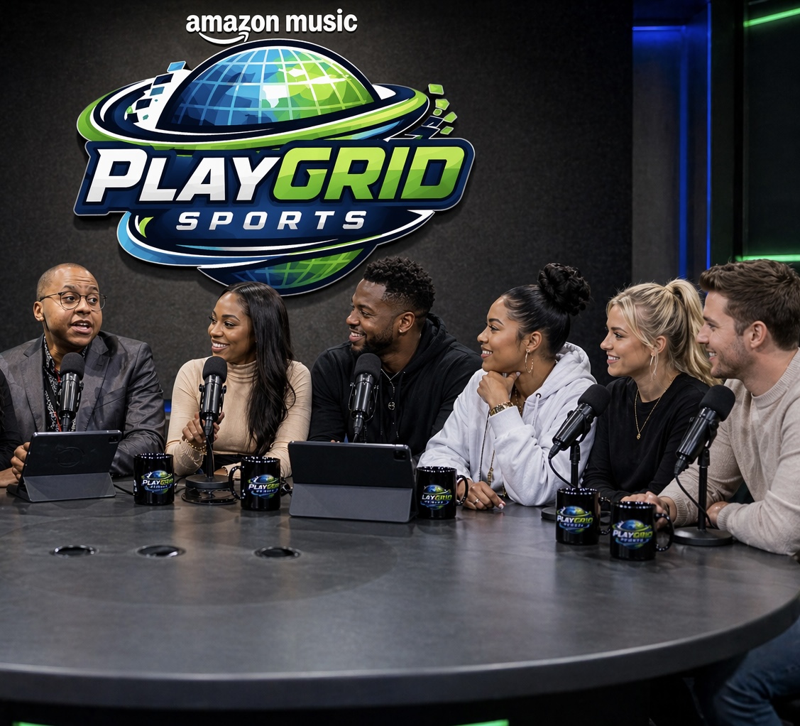 Six people sit at a table with microphones, in front of a large screen displaying 'PlayGrid Sports' and 'Amazon Music' logos.