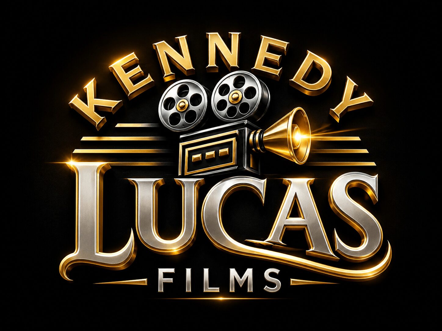 Logo with film reels, a vintage film camera, and text reading 'Kennedy Lucas Films' in gold and silver colors.