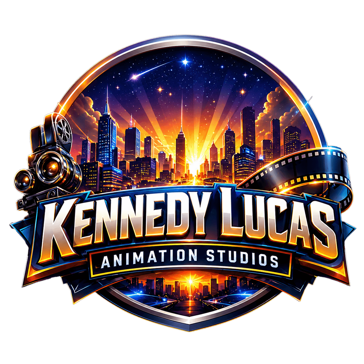 Logo with city skyline, sunset, and stars, featuring text 'Kennedy Lucas Animation Studios' and film reel elements.