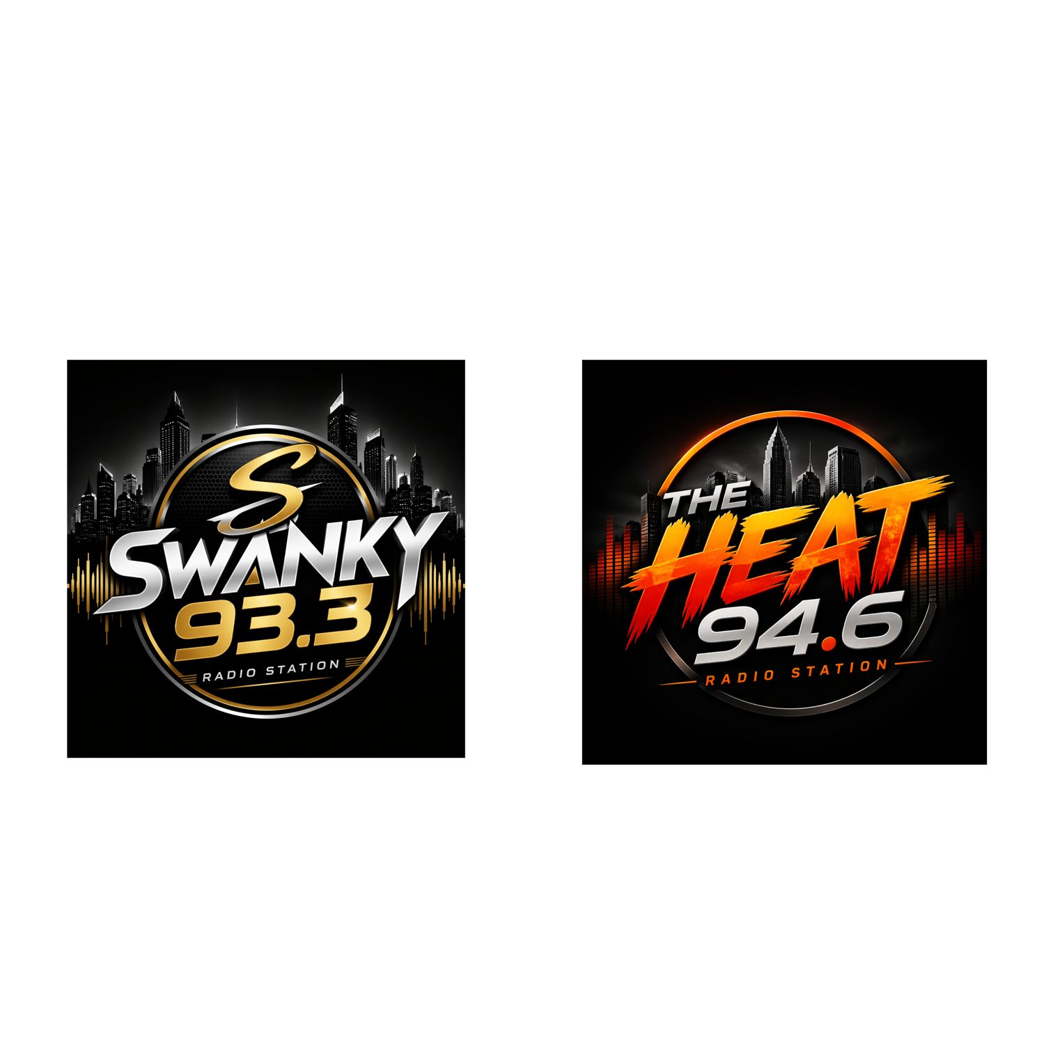 Two radio station logos with city skyline backgrounds, one for Swanky 93.3 and one for The Heat 94.6.