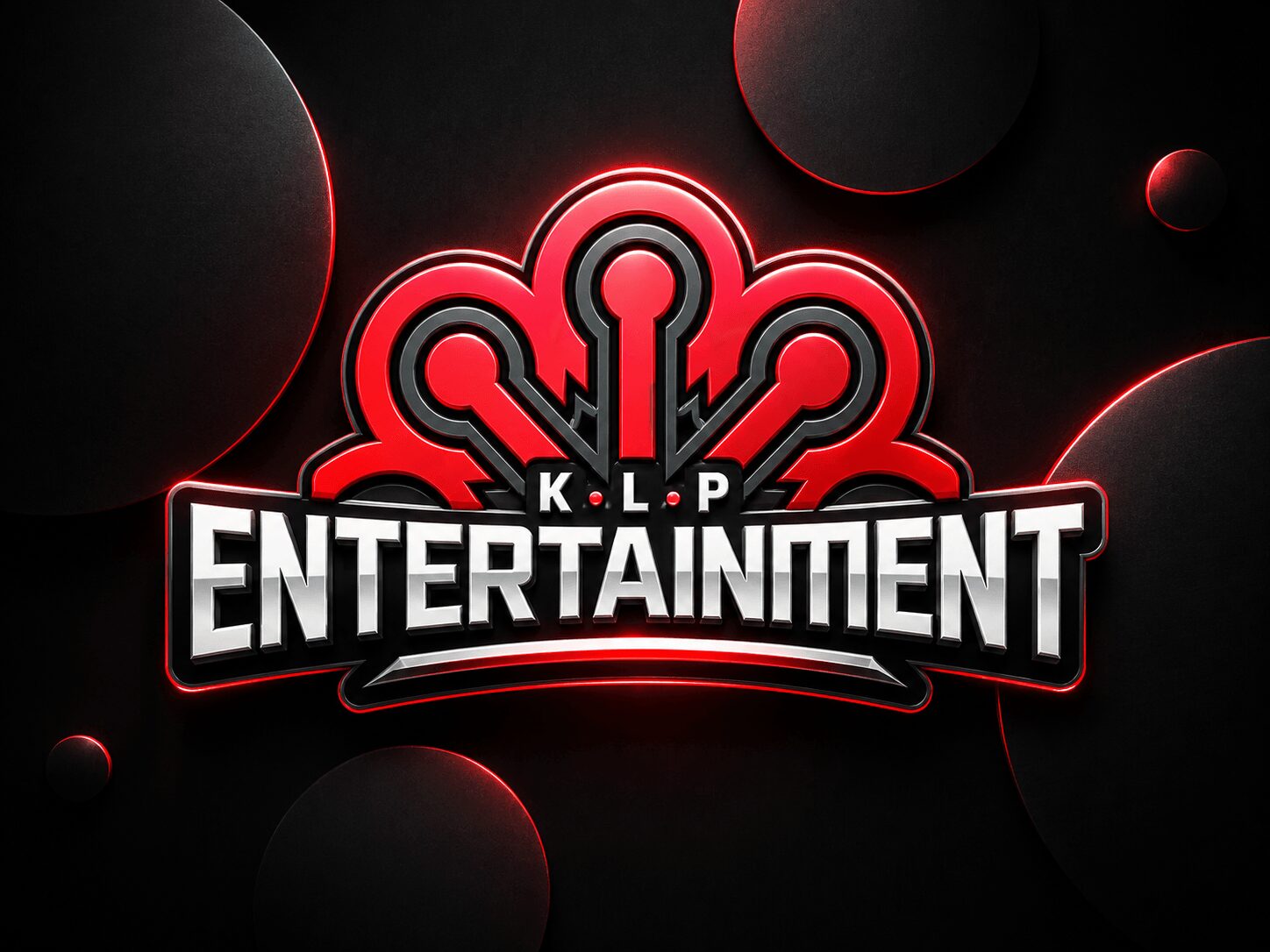 Logo with red and black design, featuring a stylized crown and the words 'K.L.P ENTERTAINMENT' in bold letters.