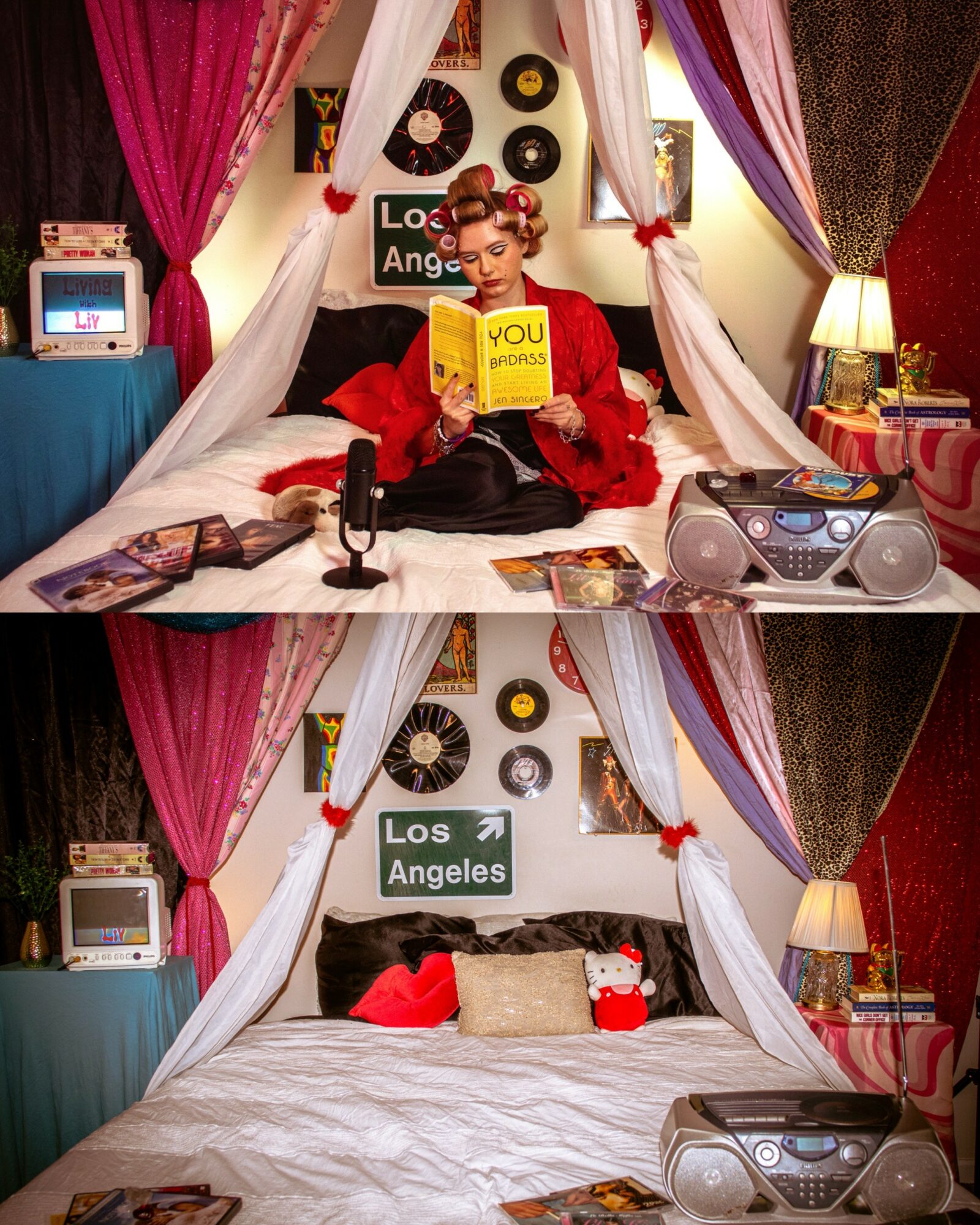 Woman sitting on bed reading a book, surrounded by magazines, with a boombox, microphone, and colorful decor in a cozy room.