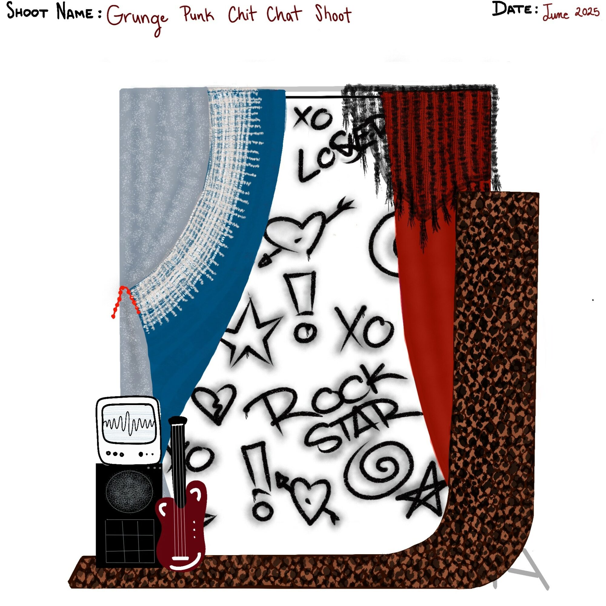 Stage with curtains, graffiti-style drawings, and musical instruments, including a guitar and speaker, for a rock star theme.