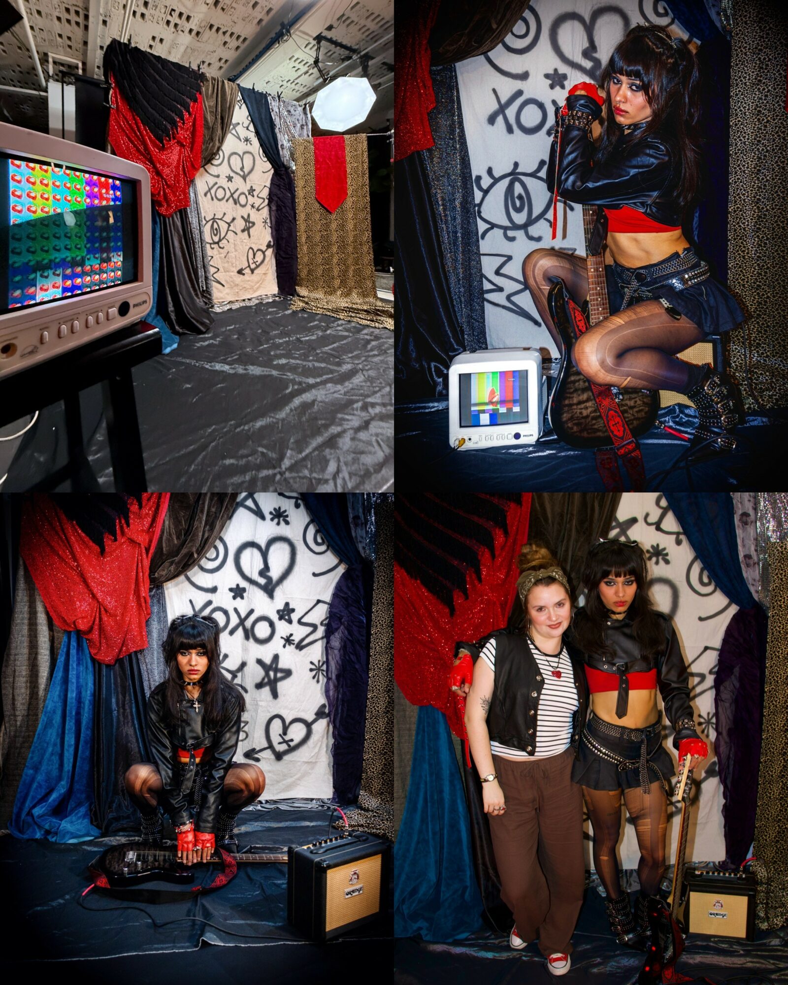 Four images of a woman in a black and red outfit with a black wig, posing in a decorated room with black, red, and white elements.