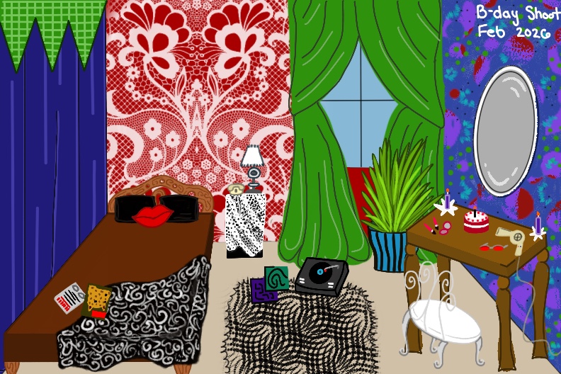 Room with a window, green curtains, a table with a mirror, and various objects including cameras and a cake.
