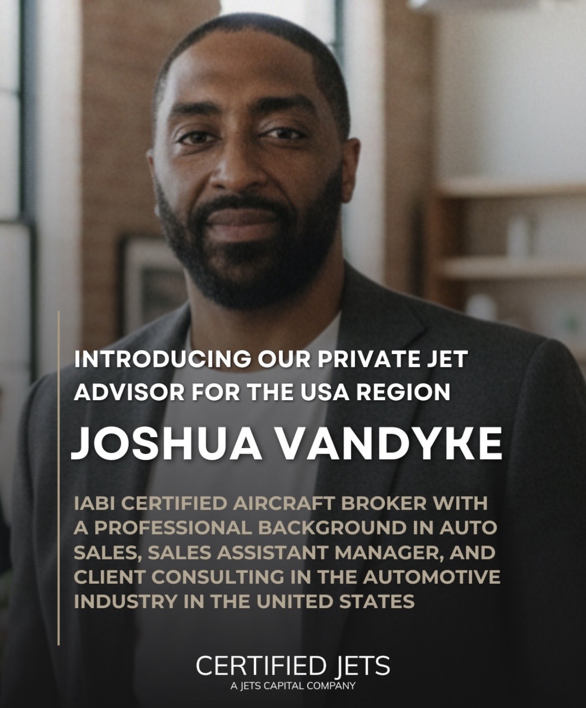 Man with beard and suit in office, text introduces private jet advisor Joshua Vandyke, certified jets, background auto sales.
