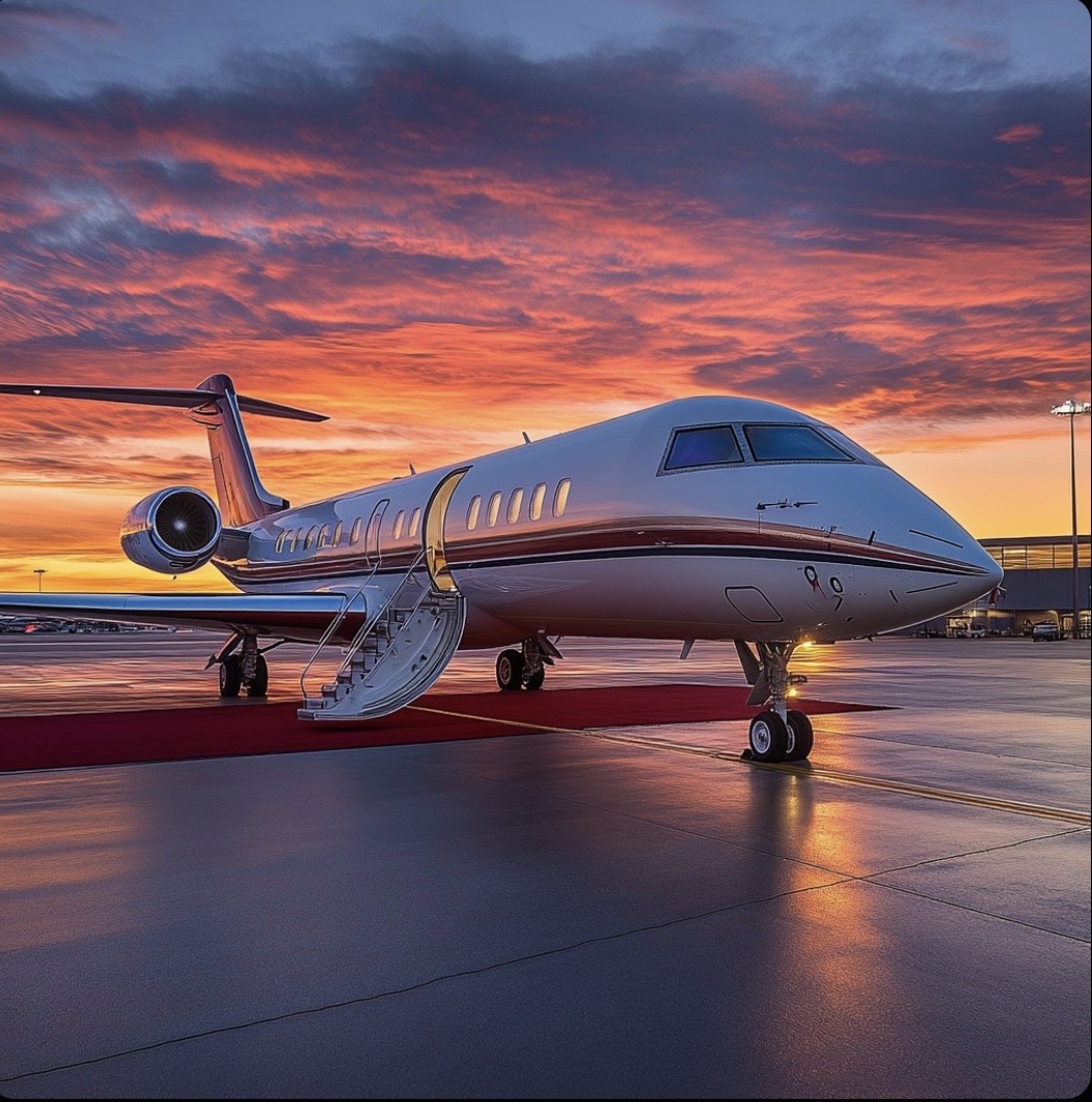 Private jet parked on tarmac during sunset with colorful sky and clouds in background.