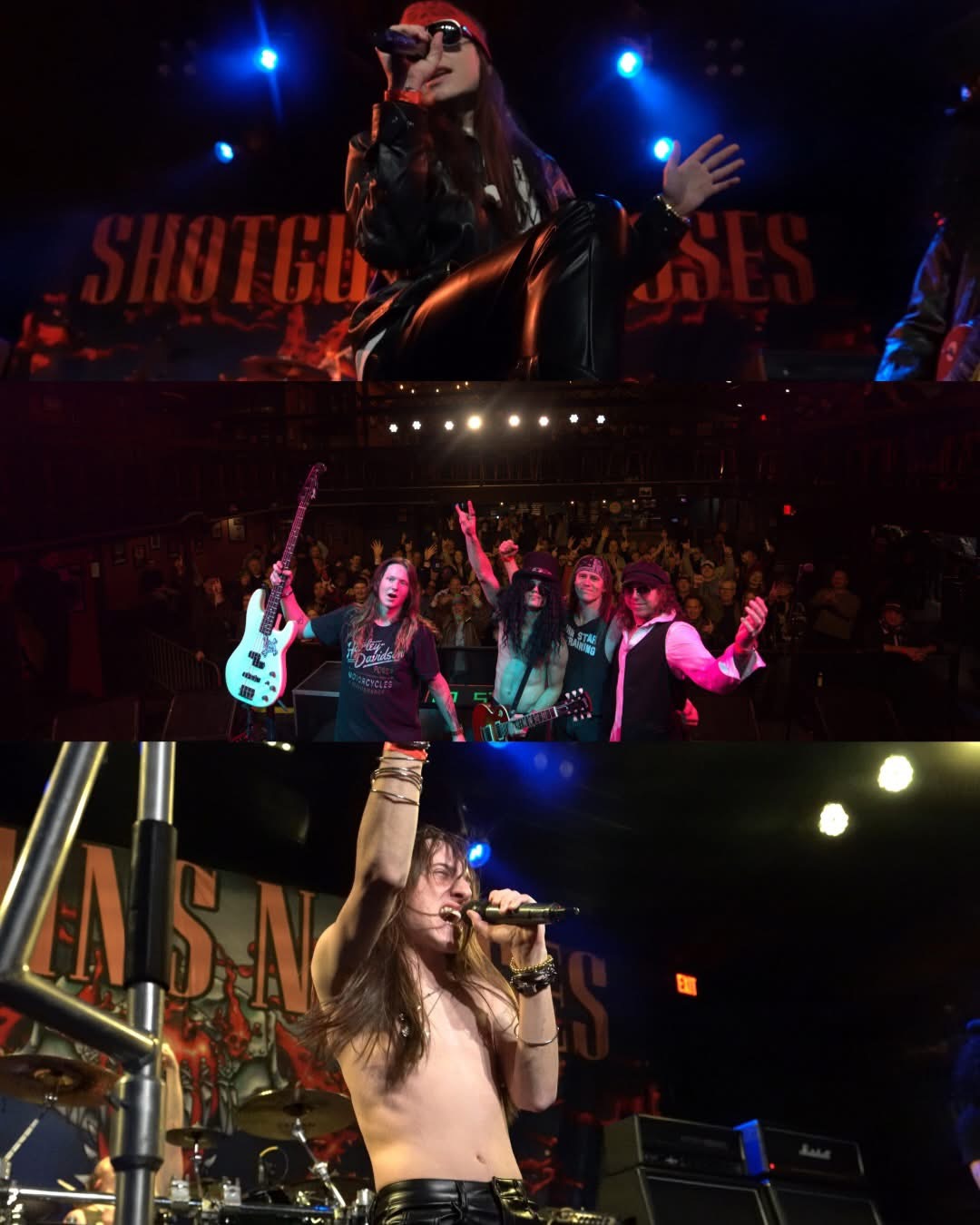 Performer singing on stage with long hair, shirtless, holding a microphone, with band members and stage lights in background.