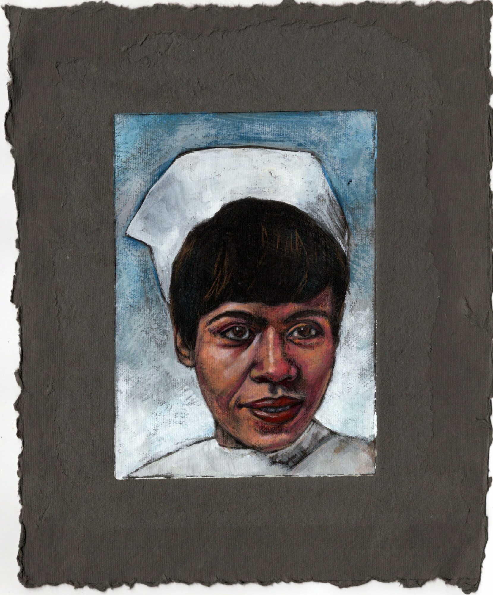 Portrait of a woman with short dark hair wearing a white nurse's cap, painted with a textured background.