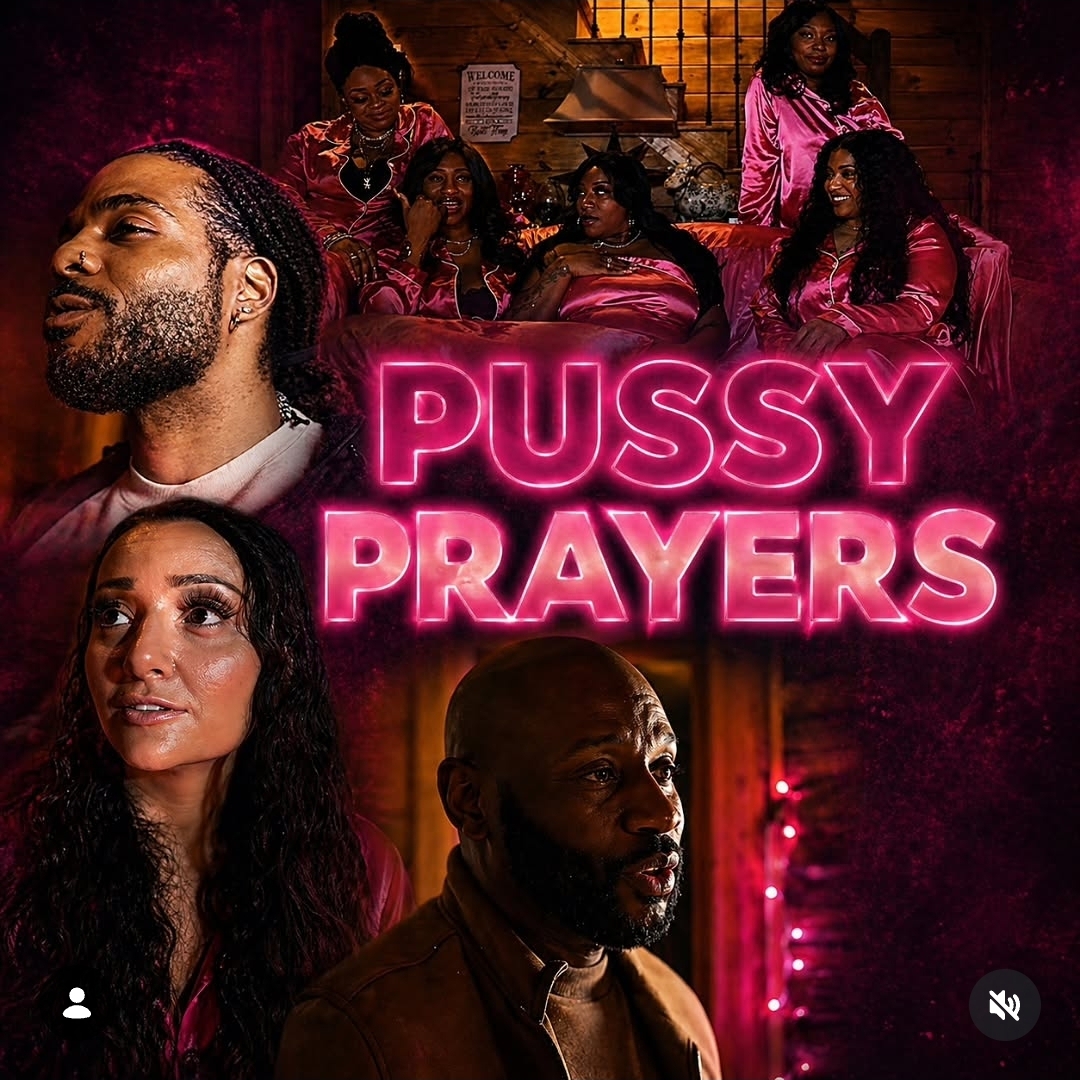 Group of women in pink outfits with neon sign reading 'Pussy Prayers' in a dimly lit room.