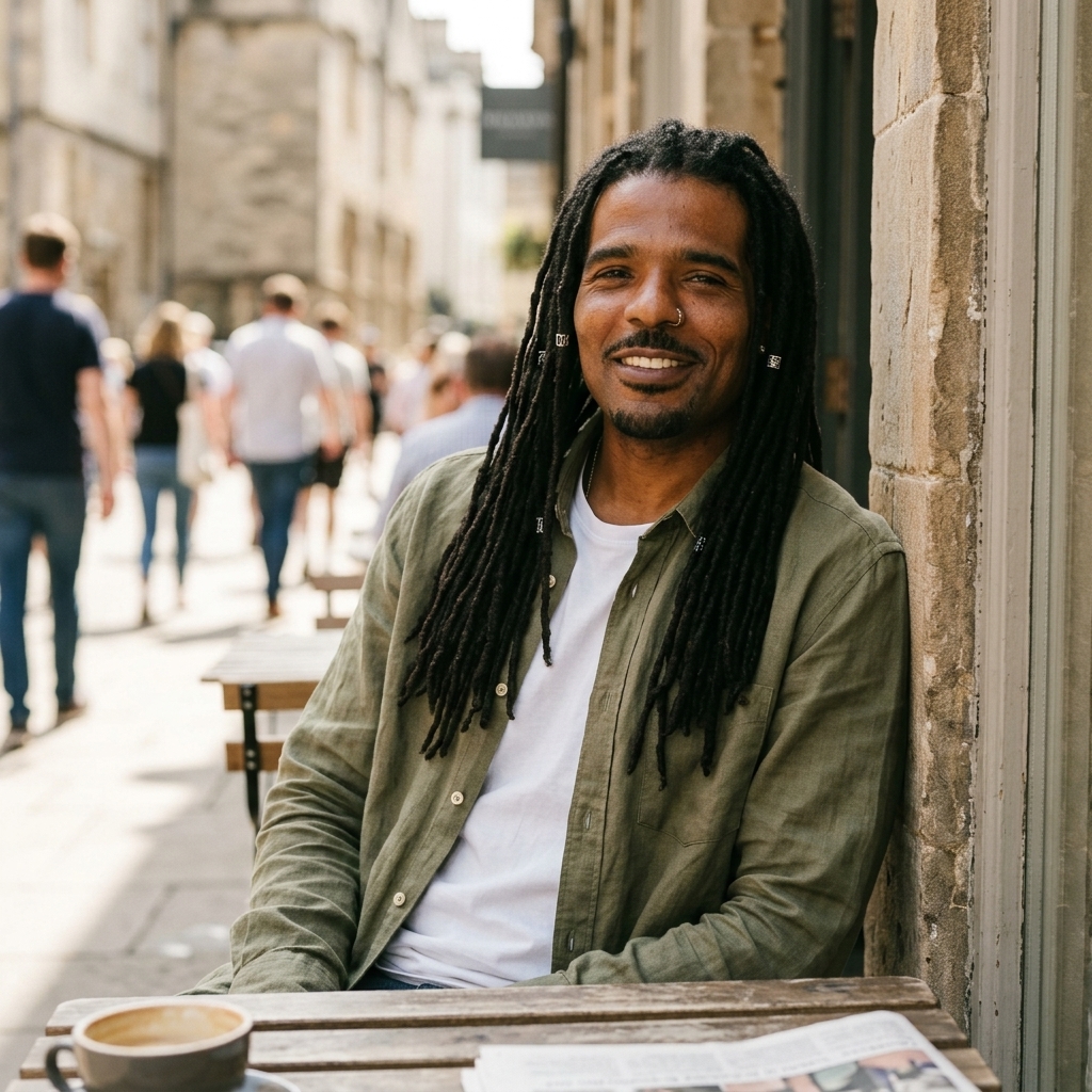 Man with long dreadlocks smiling, sitting outdoors at a wooden table, with a busy street in the background.