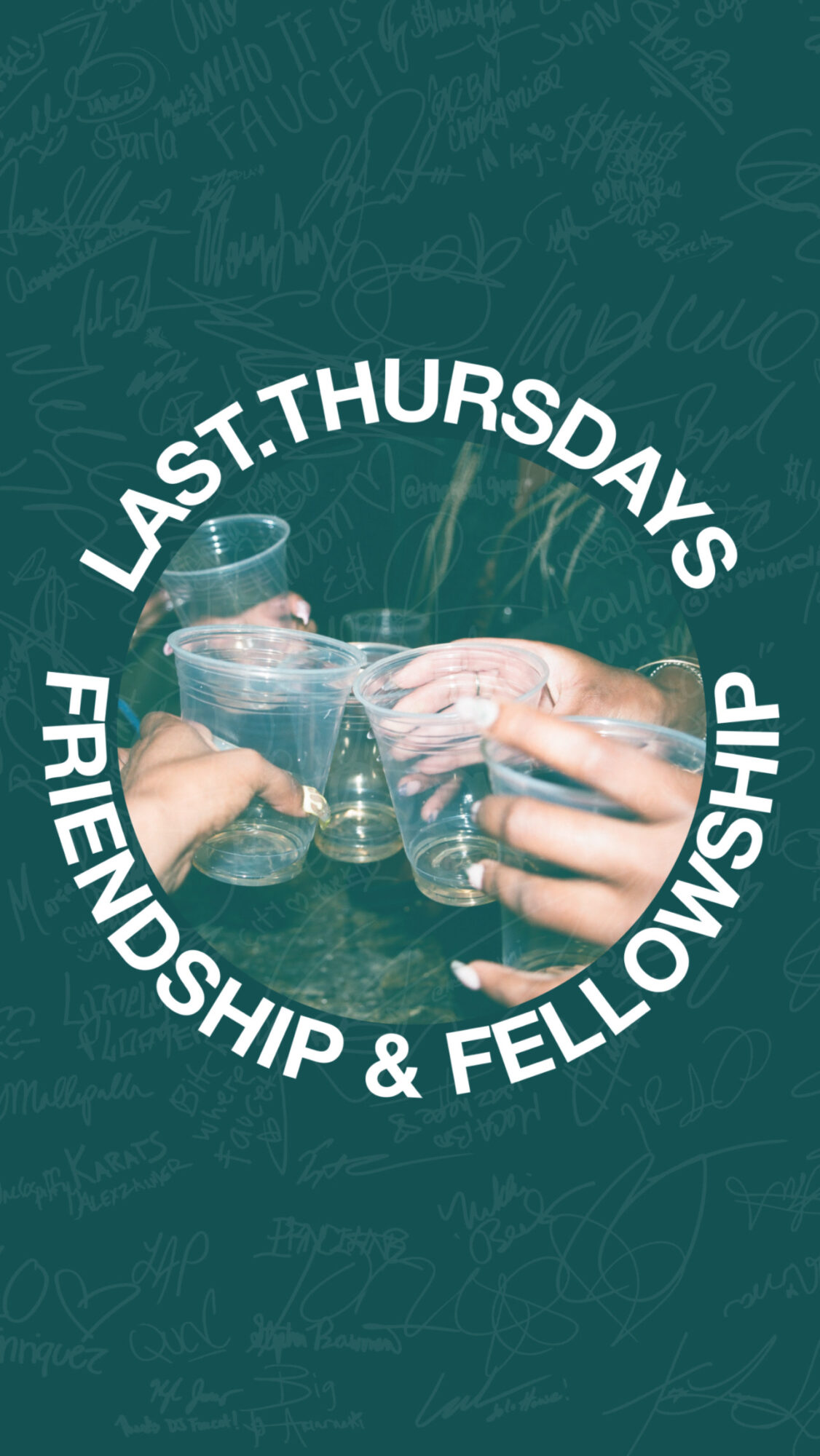 Group of hands holding glasses in a toast, with steam rising, surrounded by text about friendship and fellowship, on a dark background.