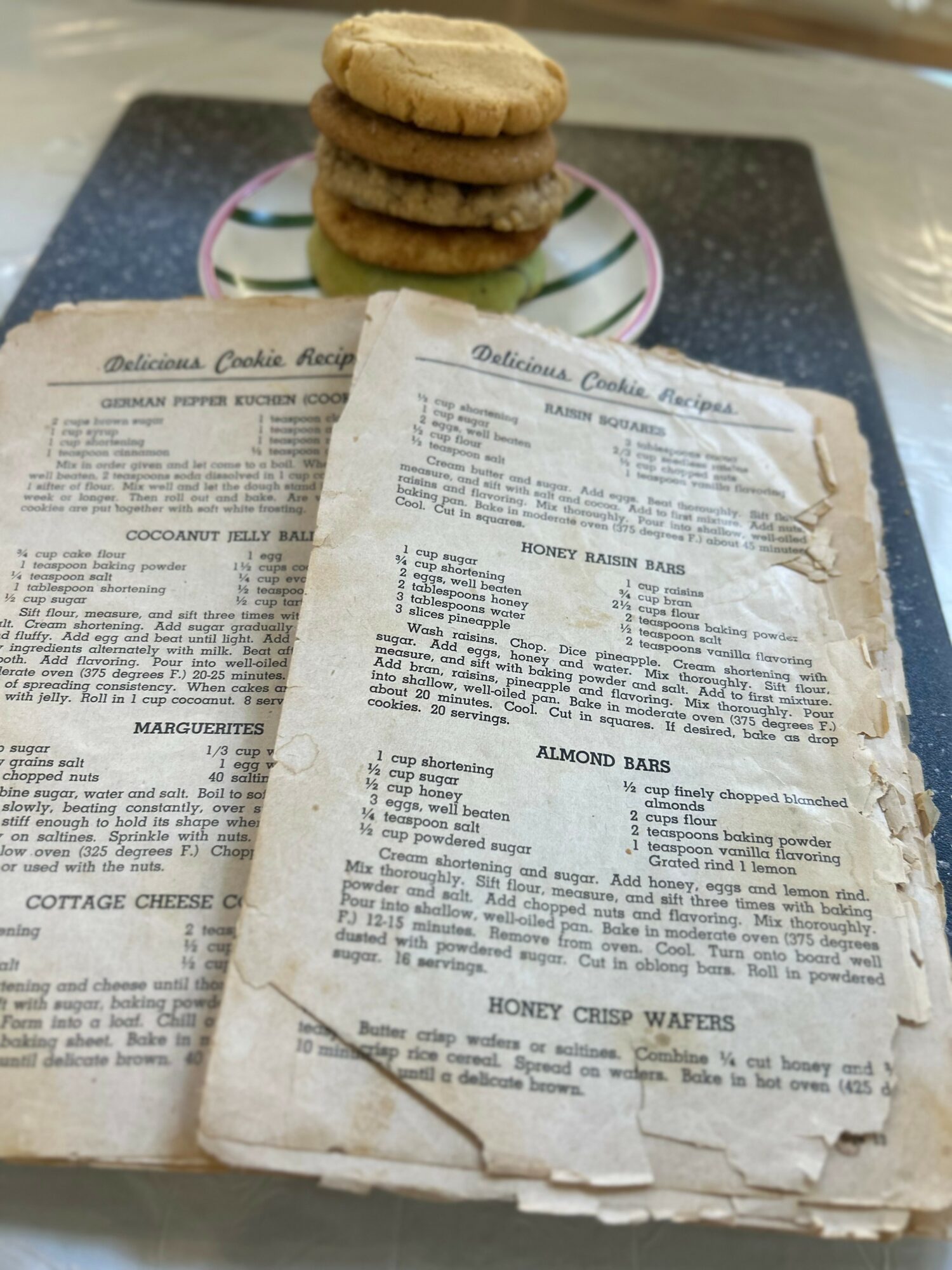 Stack of cookies on a plate with two crumpled, aged menus in front, on a dark surface.