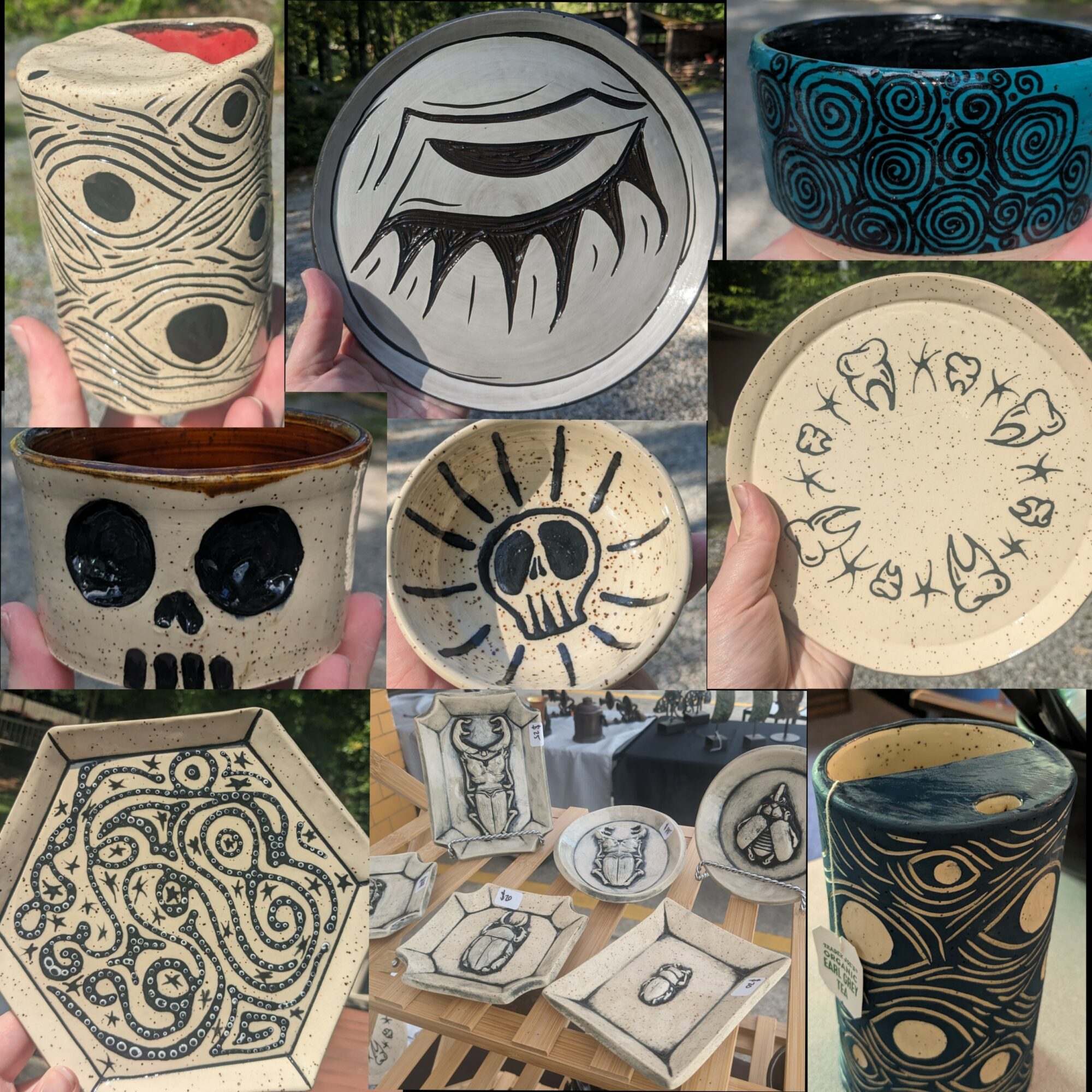 Collection of various ceramic and pottery items, including decorated bowls, cups, and plates with abstract and skull designs, displayed on tables and held by hands.