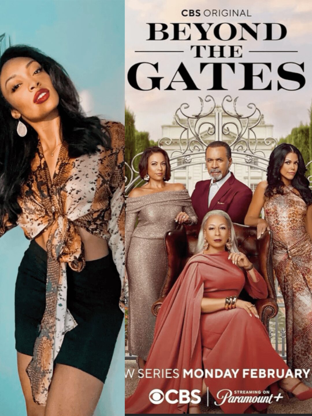 Woman with long dark hair and red lipstick posing, promotional poster for 'Beyond the Gates' TV series, four other characters in background.