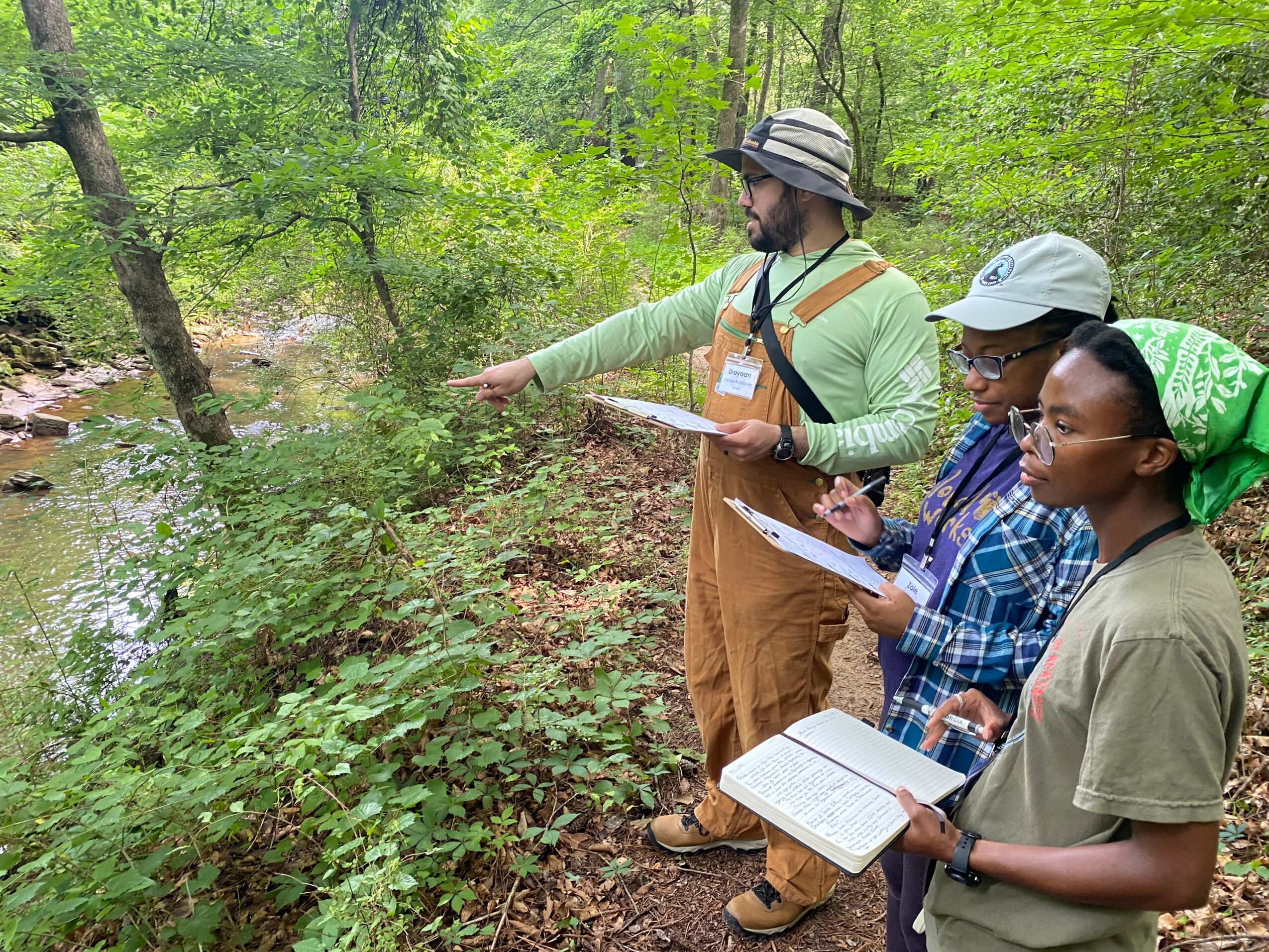 Three people outdoors in a forest, one pointing at plants while others take notes and observe.