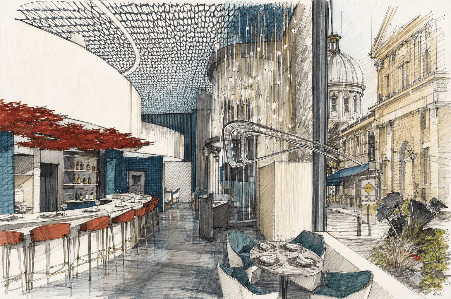 Interior view of a modern cafe with bar stools, seating area, and large windows showing historic buildings outside.
