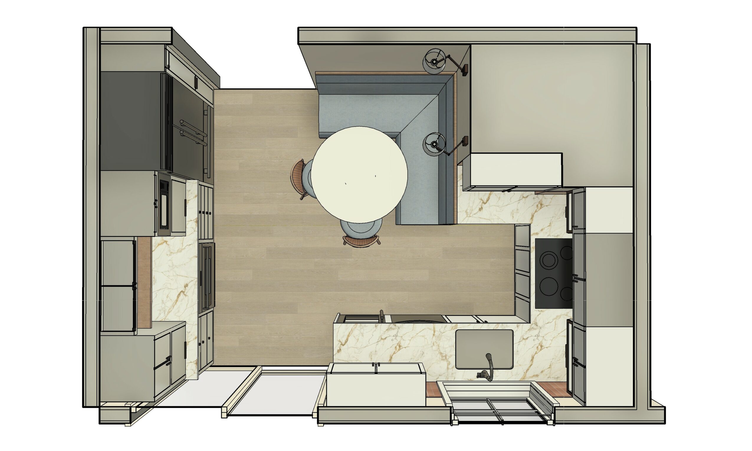Floor plan of a kitchen and dining area with a round table, chairs, cabinets, and appliances, viewed from above.