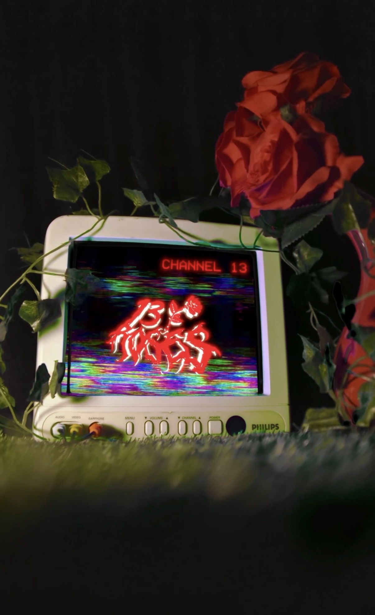 A vintage CRT monitor displays a distorted, colorful image with a red rose beside it, against a dark background.