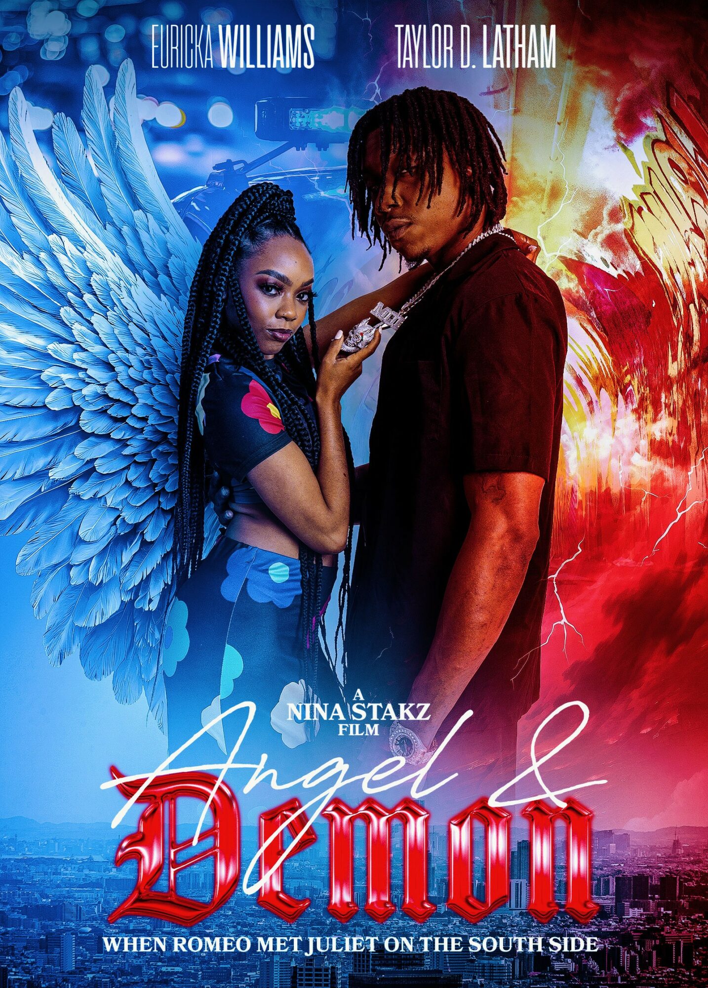 Two people, one with angel wings, stand close together against a colorful background, with text and movie title overlayed.