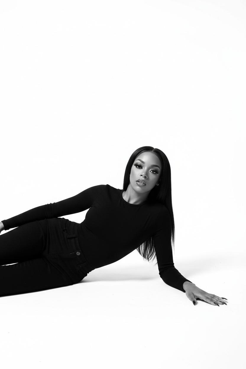 Woman lying on the floor with a white background, wearing a black long-sleeve top and pants, looking at the camera.