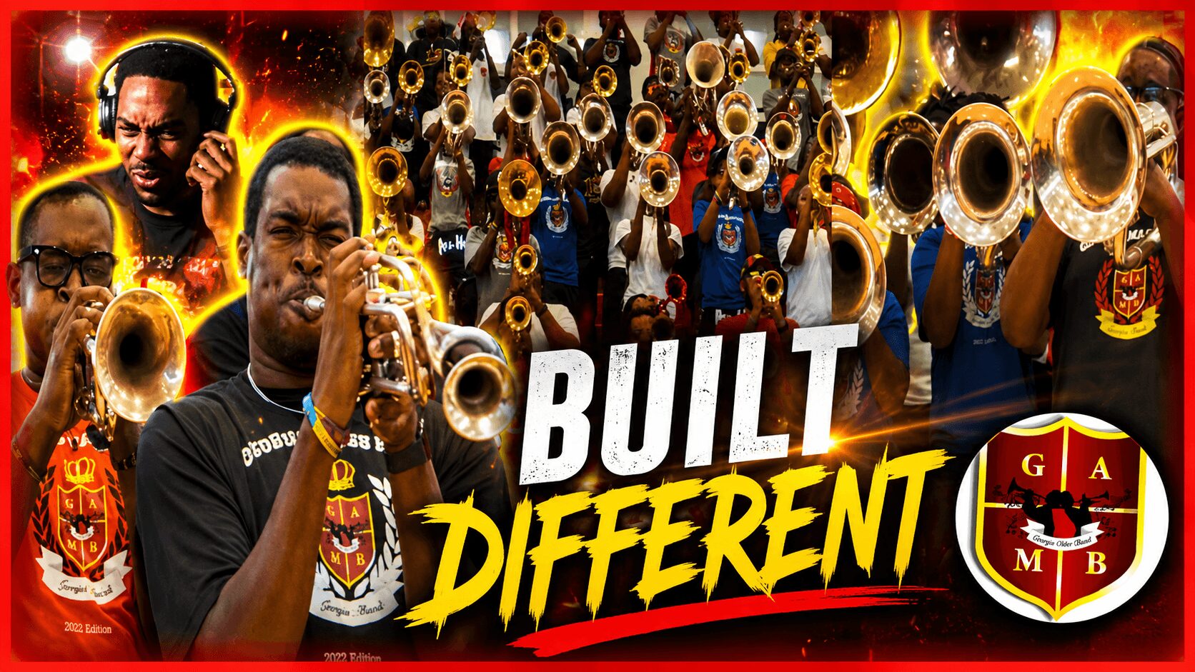 Group of musicians playing brass instruments with a bold text overlay reading 'BUILT DIFFERENT' and a logo in the bottom right corner.