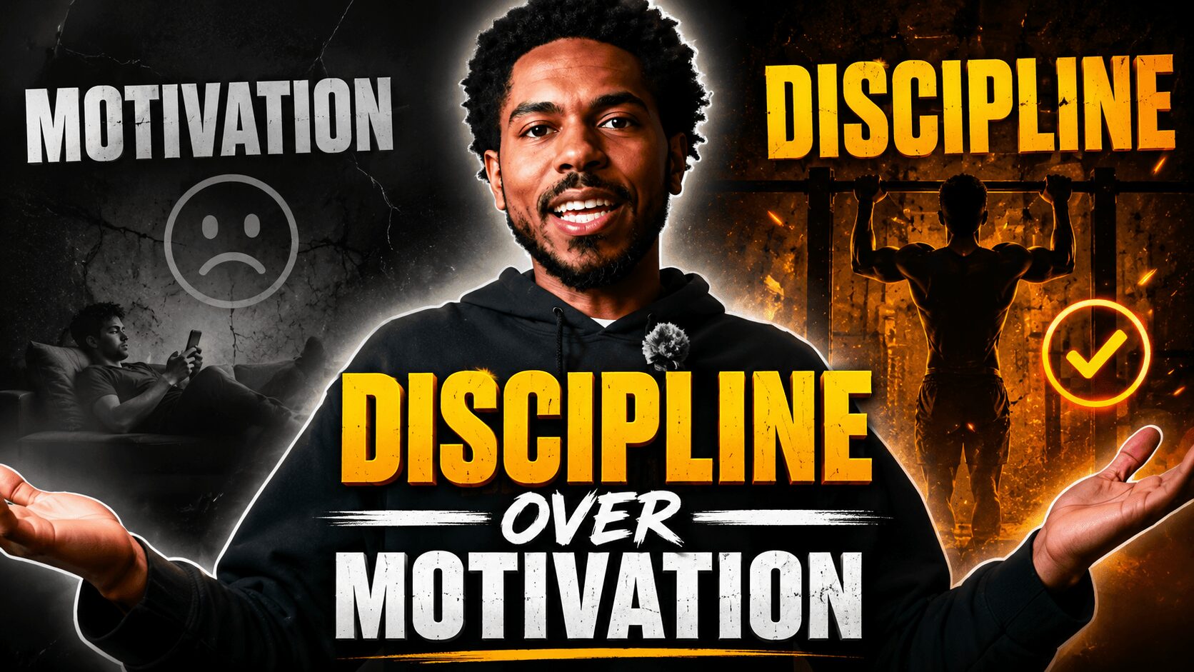 Man smiling with arms outstretched, motivational words 'Motivation', 'Discipline', and 'Over Motivation' around him.