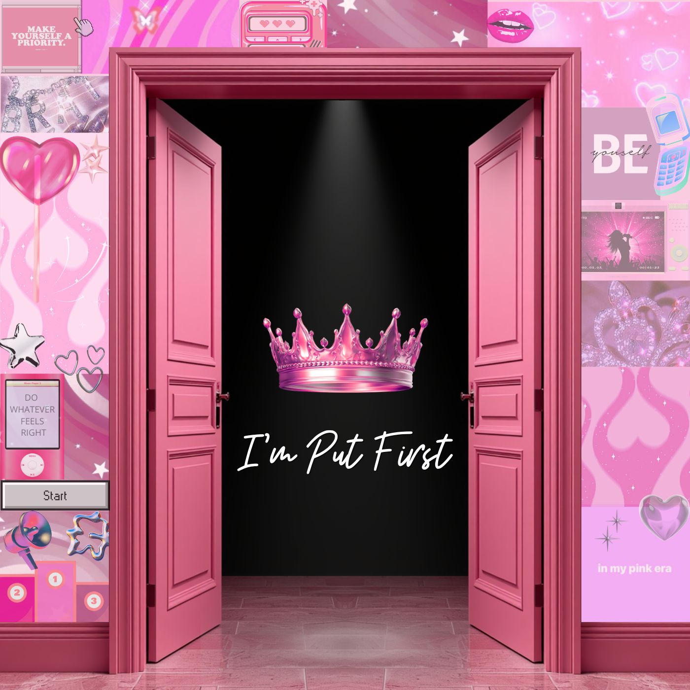 Pink doorway opens to a black background with a pink crown and the text