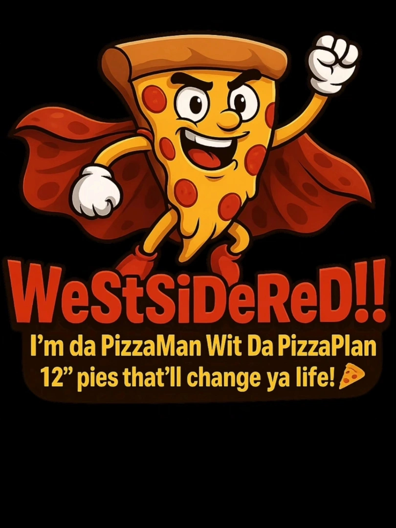 Animated pizza slice character with a cape, smiling and raising a fist, with bold red text below.