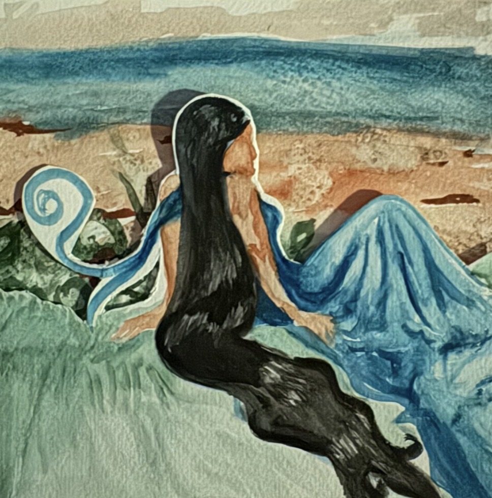 A woman with long black hair sitting on grass near a beach, wearing a blue dress, with water and sky in background.