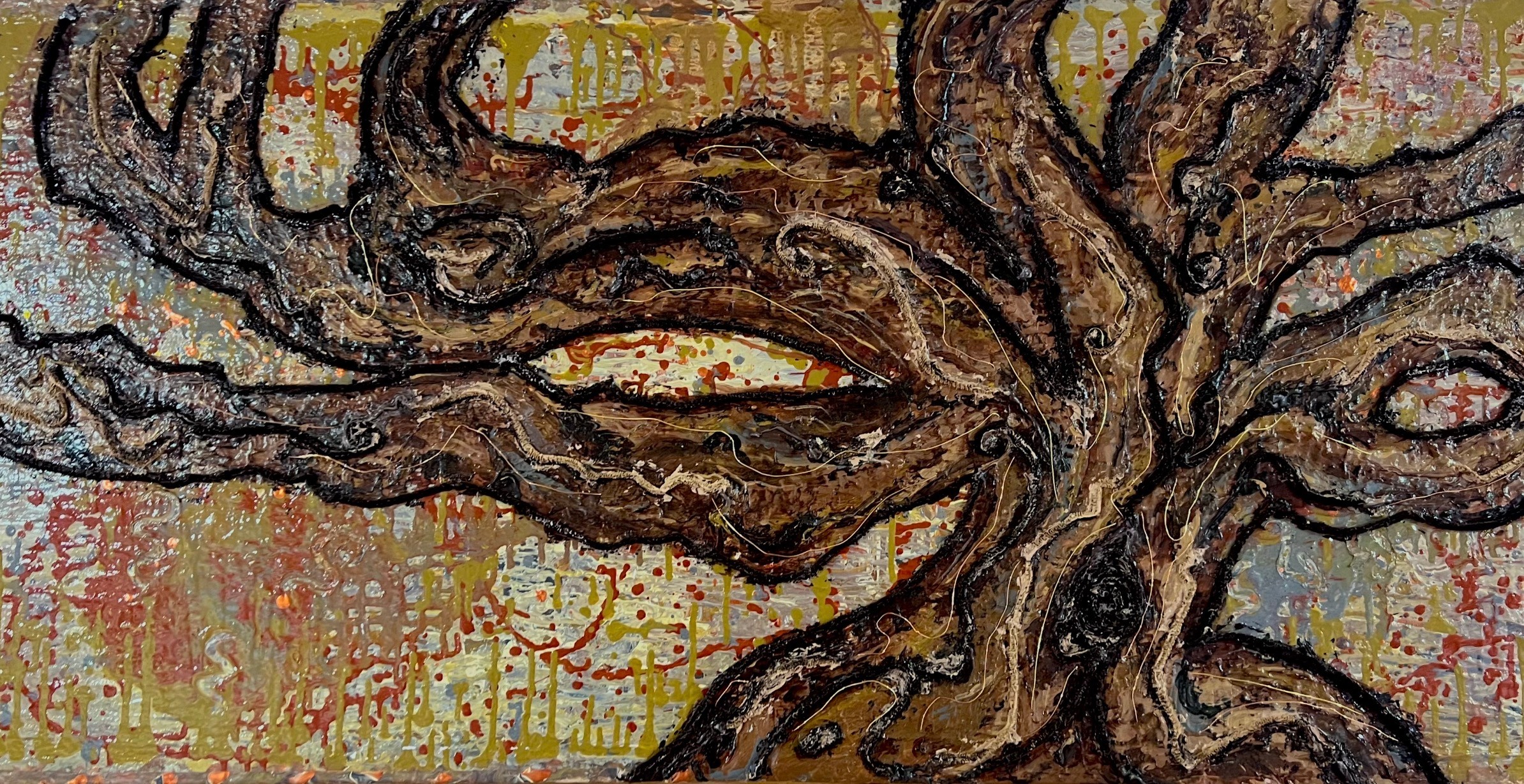 Close-up of a textured painting of a tree with twisting branches and a detailed trunk.