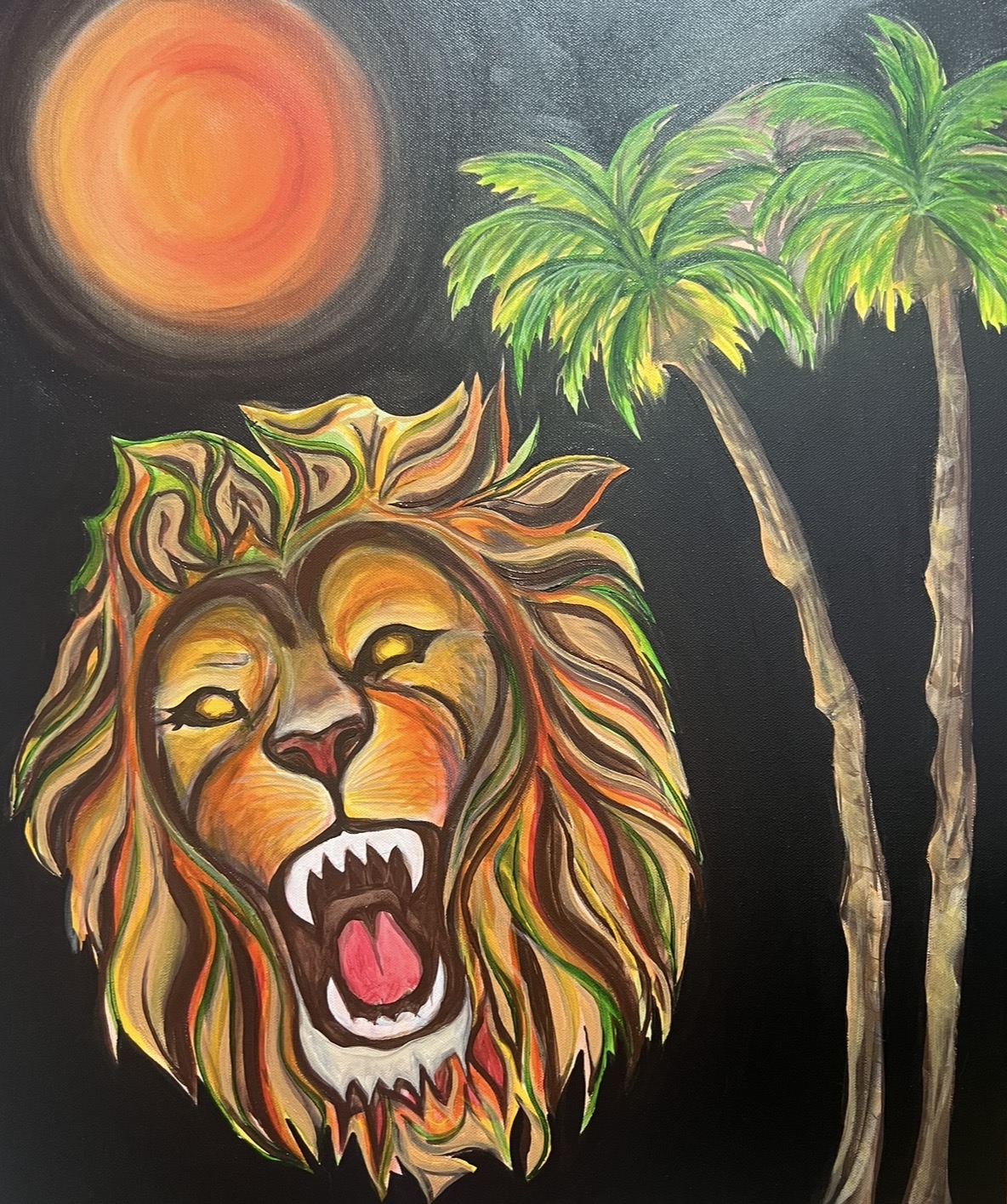 Lion with a colorful mane, open mouth, and sharp teeth, under a bright orange sun and two palm trees against a dark background.