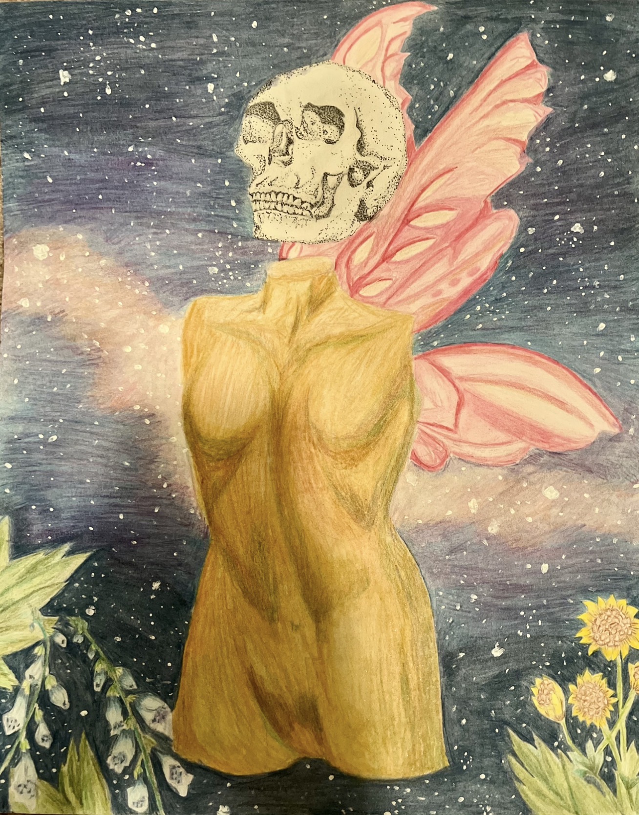 A wooden torso sculpture with pink butterfly wings, a starry sky background, and a thought bubble with children inside.