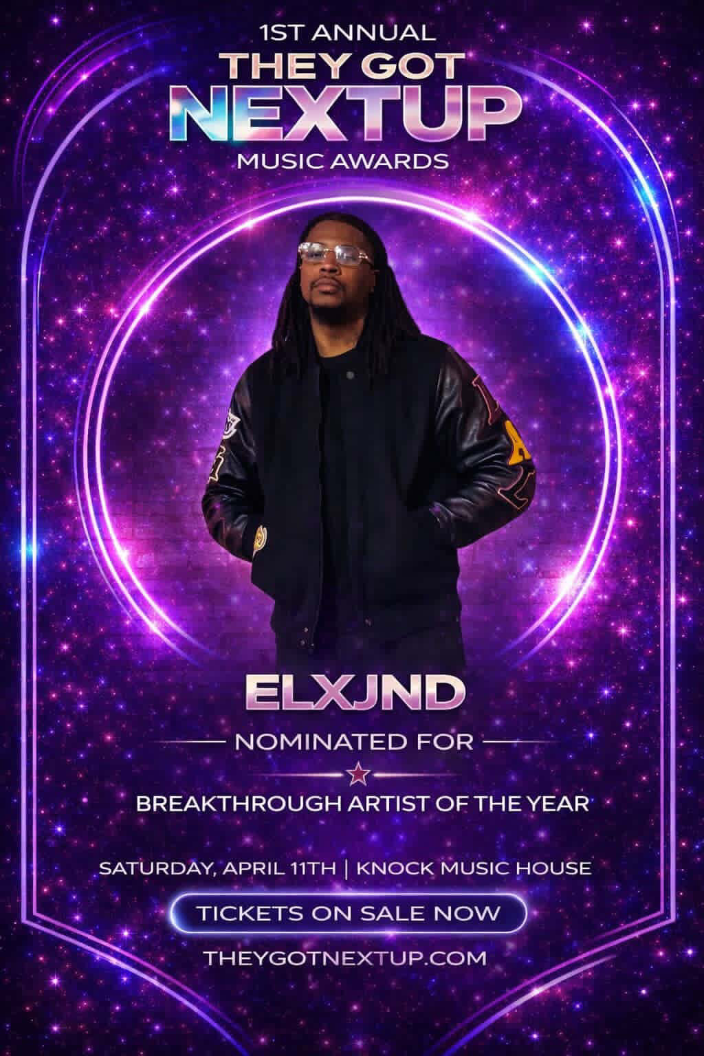 Person standing in front of a vibrant purple and blue cosmic background with event details and nominee information.