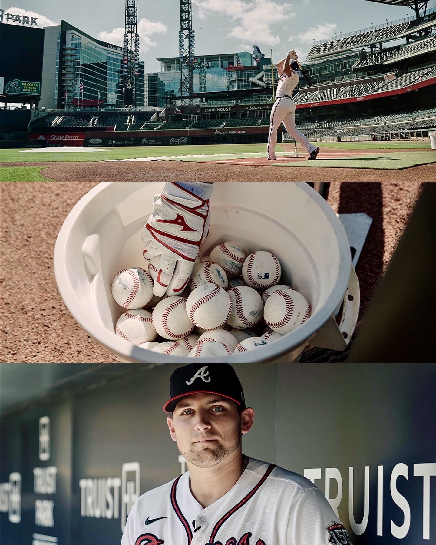 Baseball player in uniform and cap stands in stadium with empty seats and scoreboard in background, holding bat. Word 'TRUST' visible.