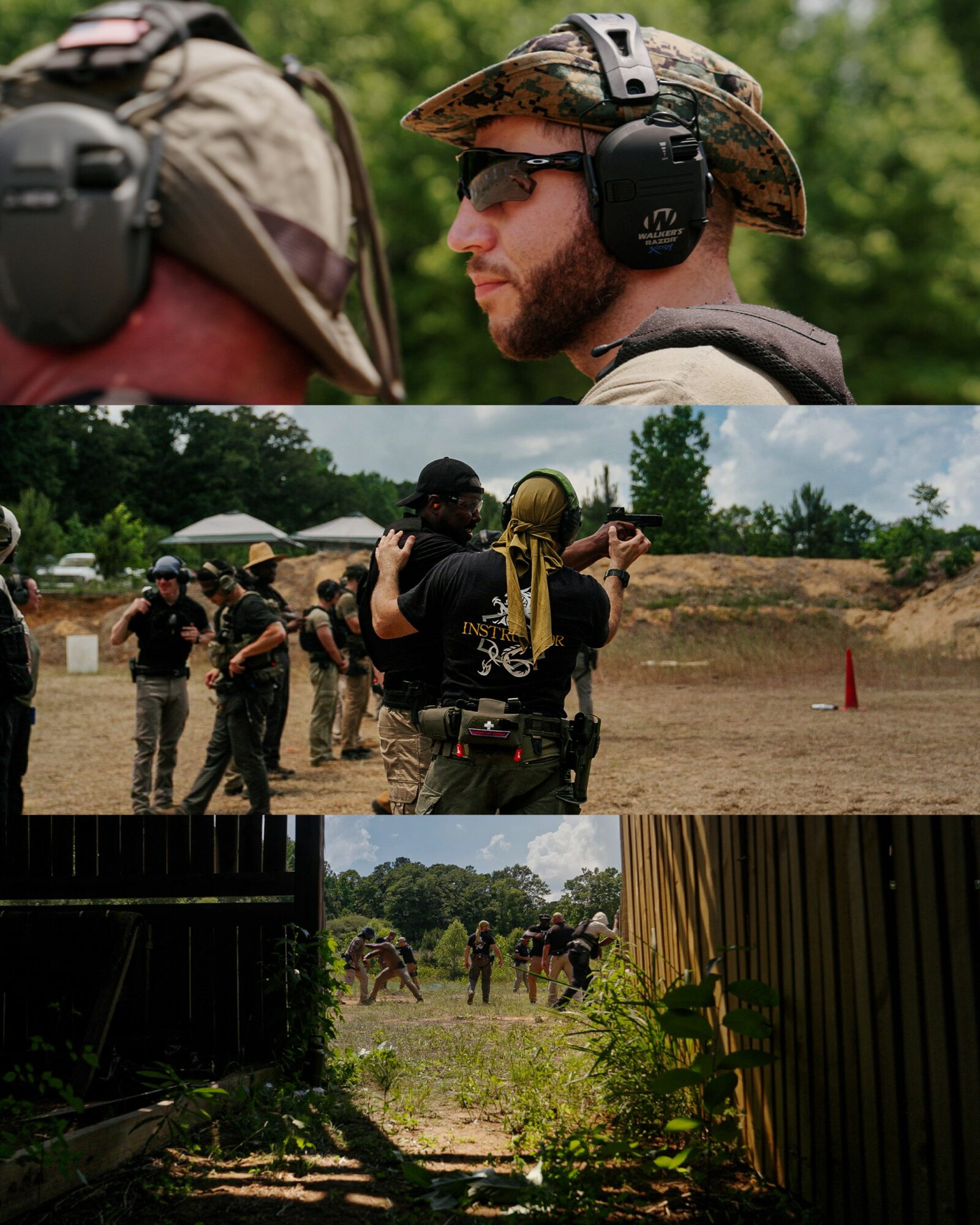 Group of people outdoors, some wearing tactical gear and helmets, with trees and a fence in the background.