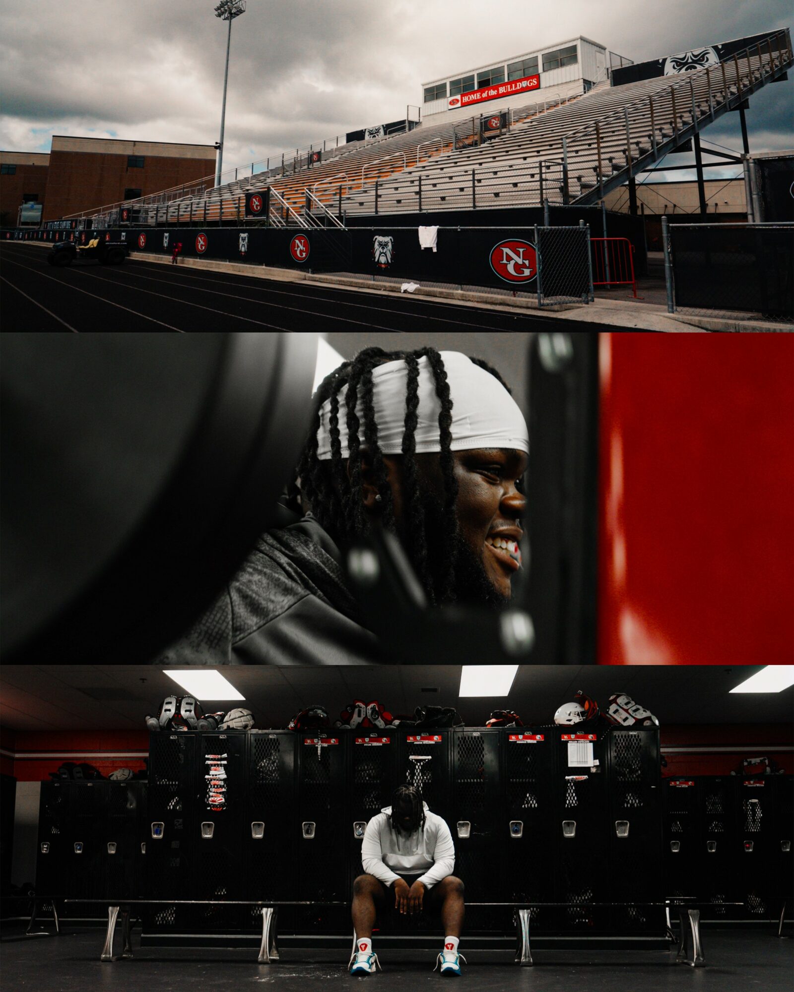 Empty stadium seating with a person sitting on a bench, wearing a white cap and black jacket, in a locker room.
